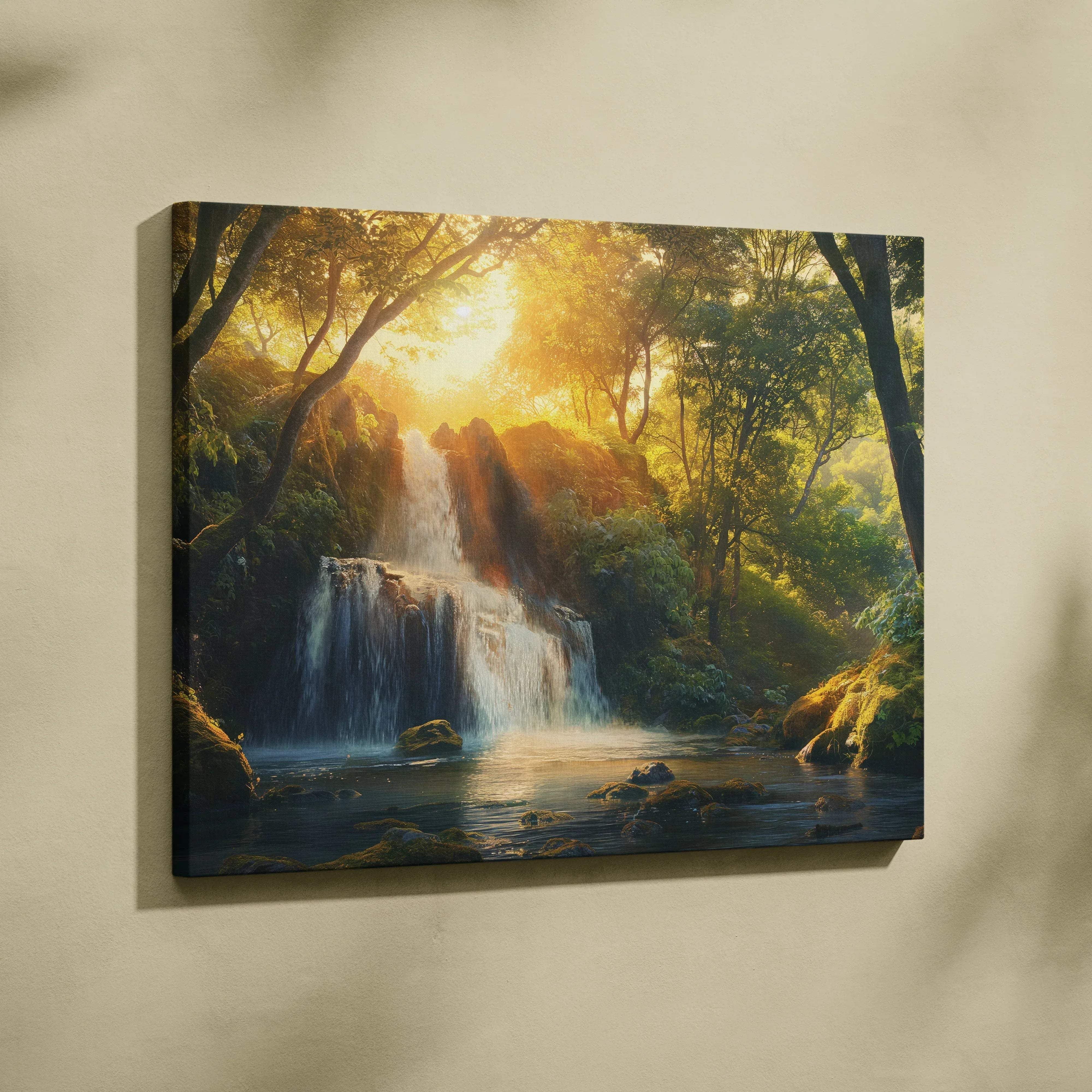 A framed canvas print of a waterfall in forest with lush green trees and golden sunset glow light wall art