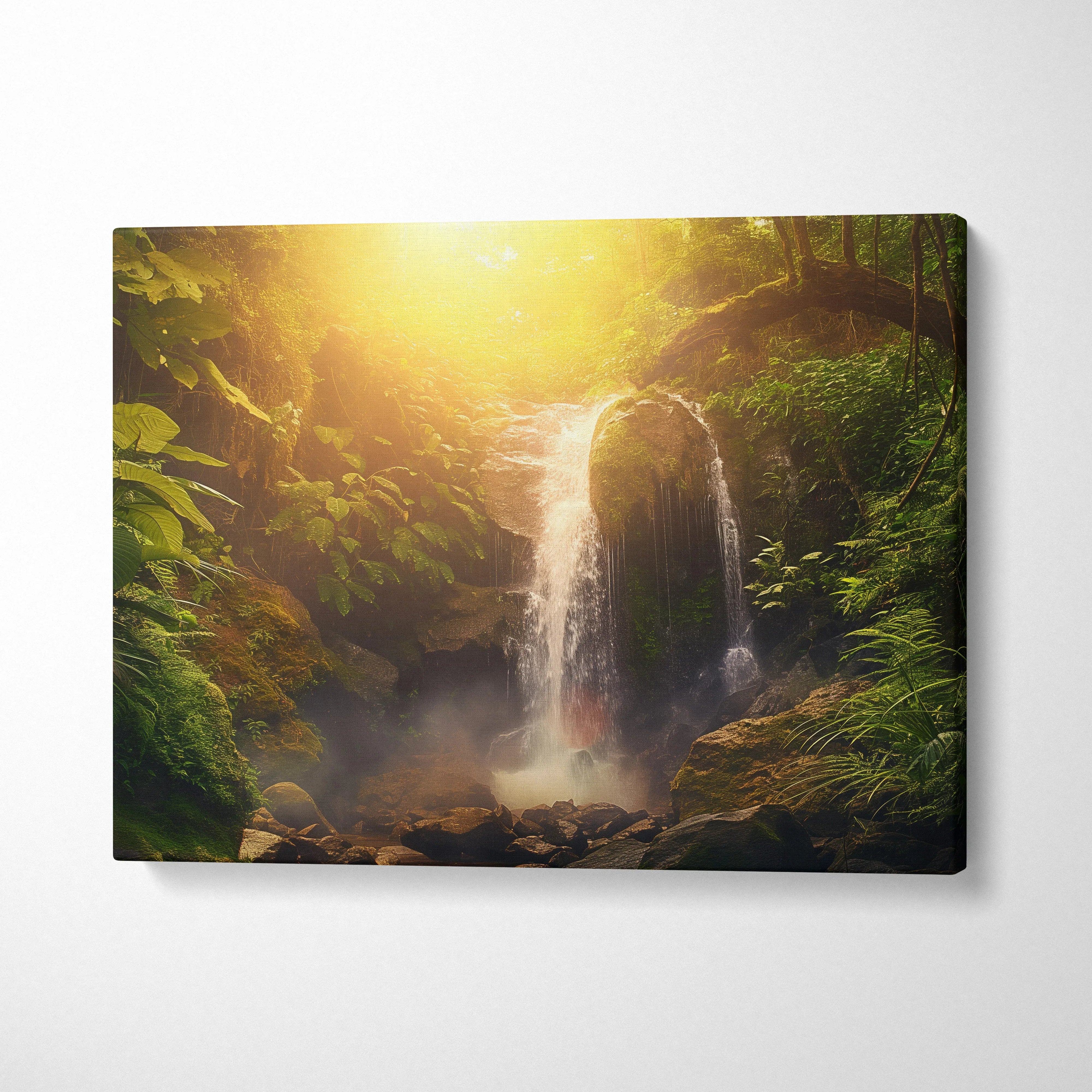 Waterfall canvas wall art with sunlit forest scene in warm golden tones decor.
