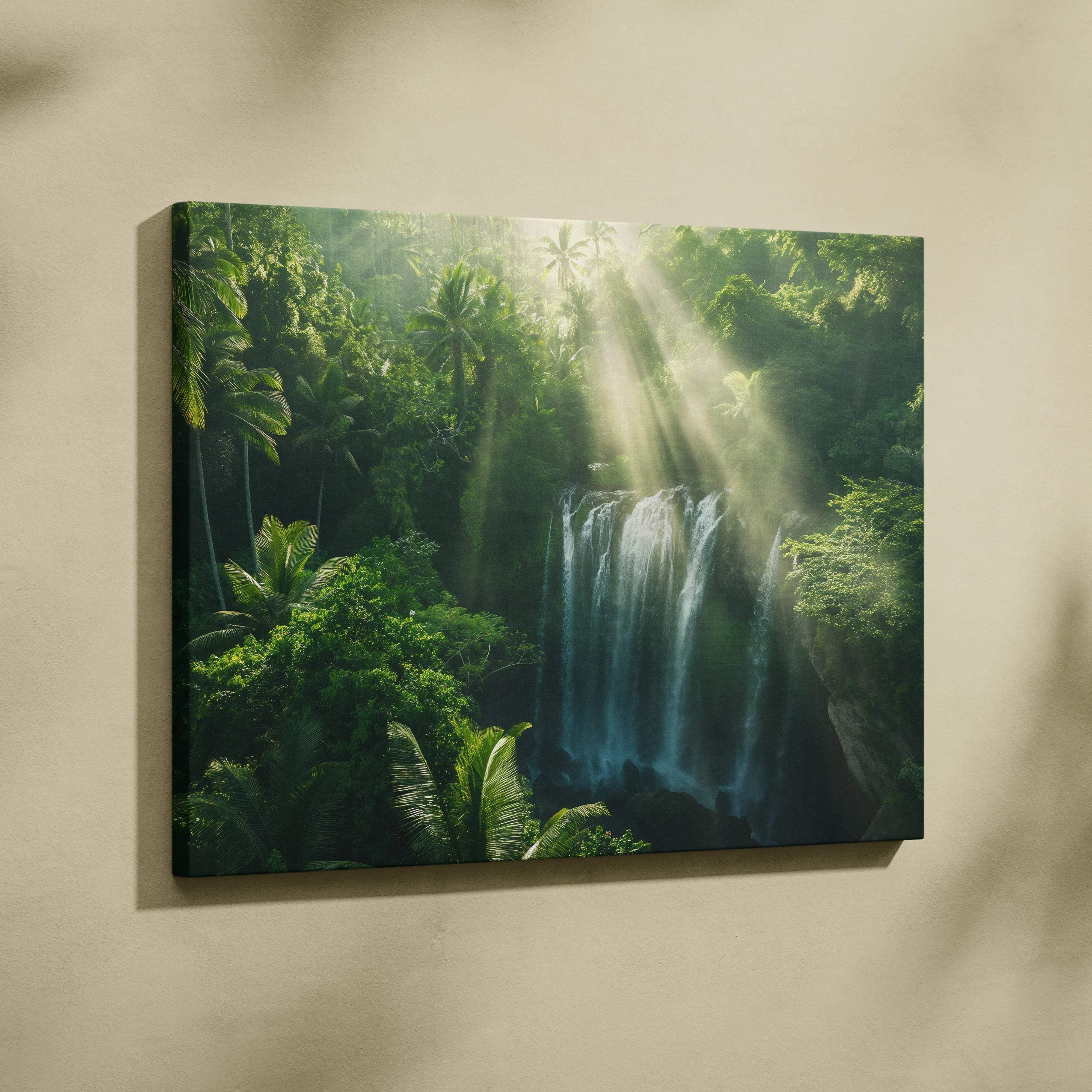 Sunlit rainforest waterfall canvas wall art featuring vibrant green foliage and sunbeams in a dense tropical forest