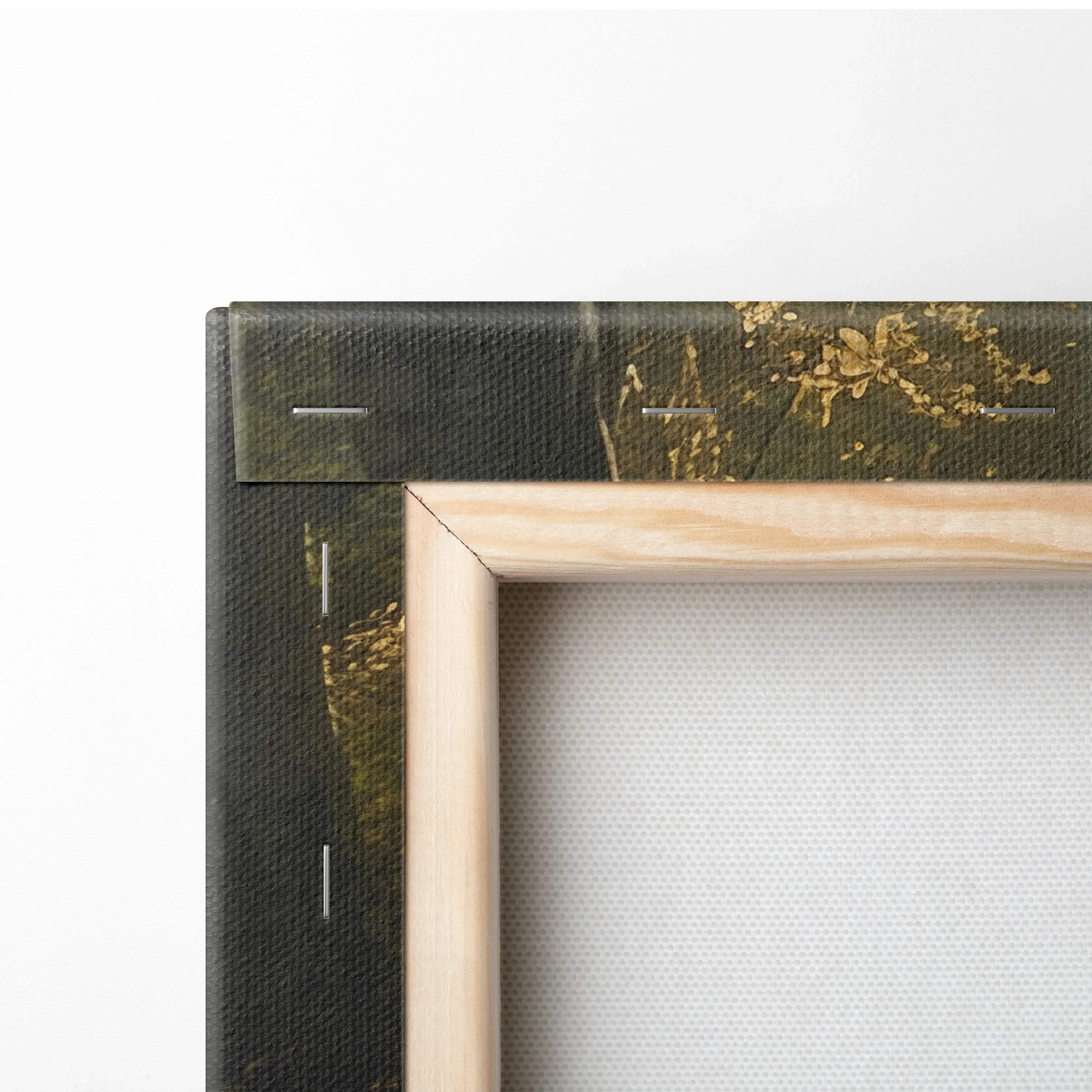 Light-colored wooden frame with dark green canvas and gold leaf accents tranquil forest waterfall wall art
