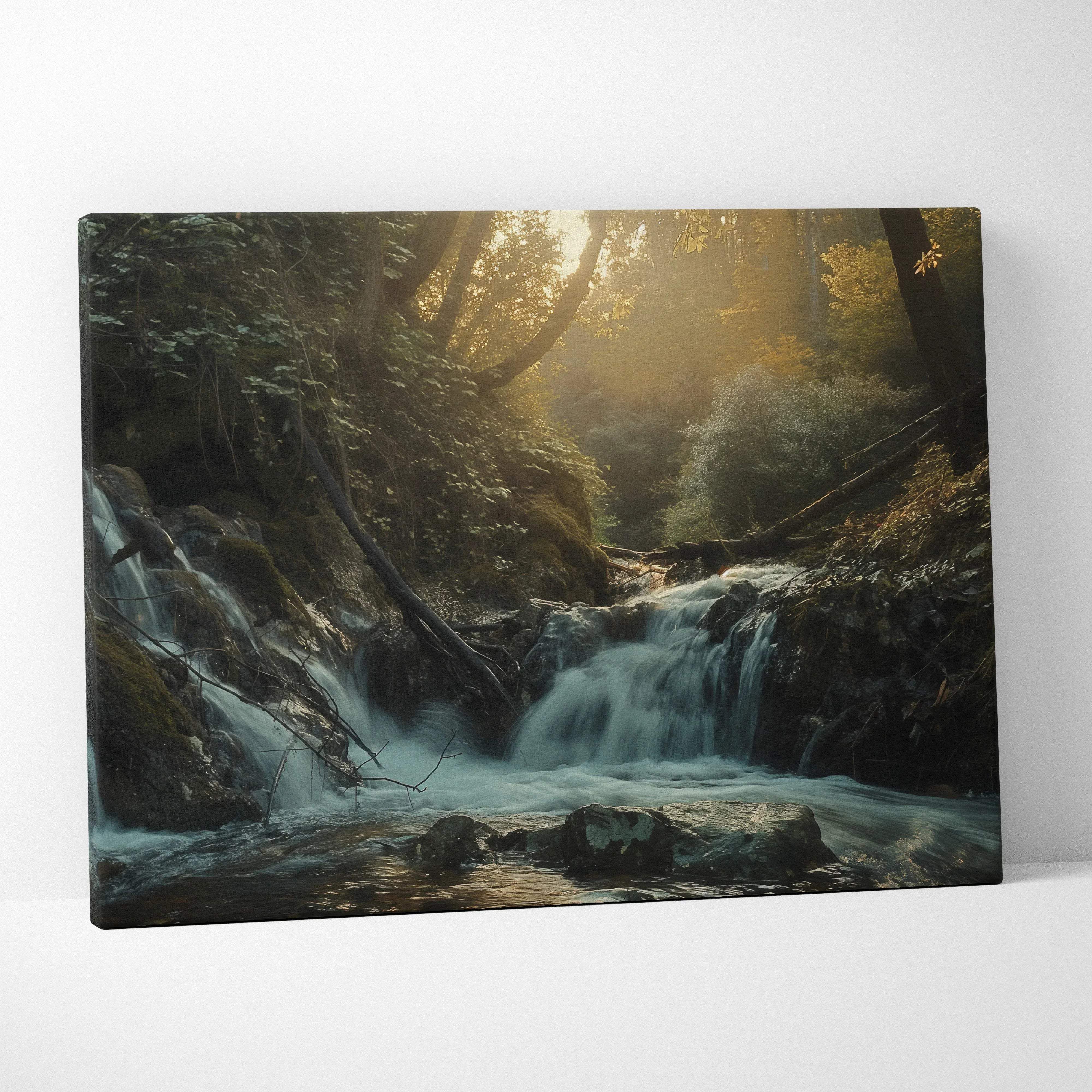 Tranquil forest waterfall canvas wall art featuring golden sunlight filtering through trees and mossy rocks