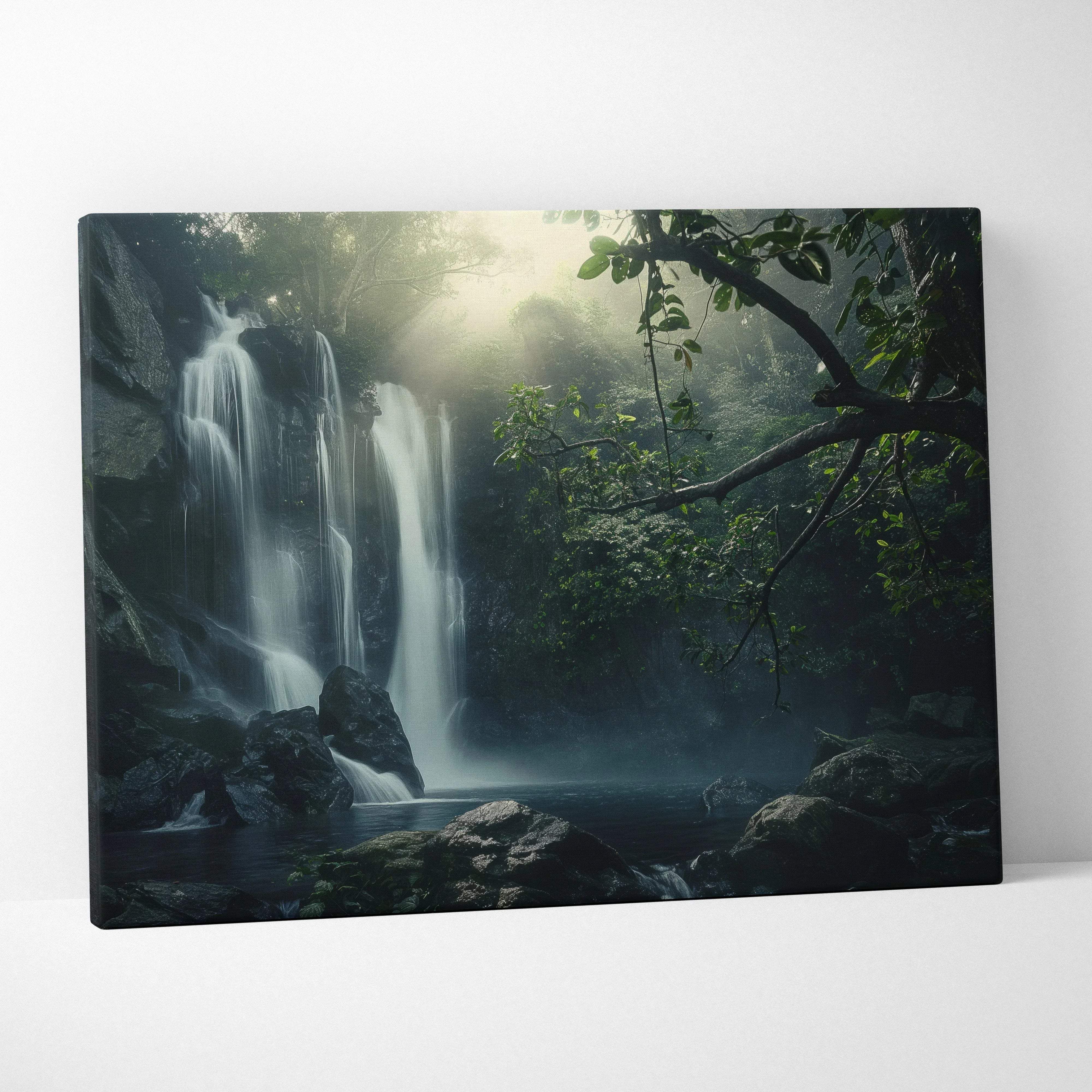 Rectangular canvas print of a misty jungle waterfall with lush green foliage and sunbeams for modern home decor
