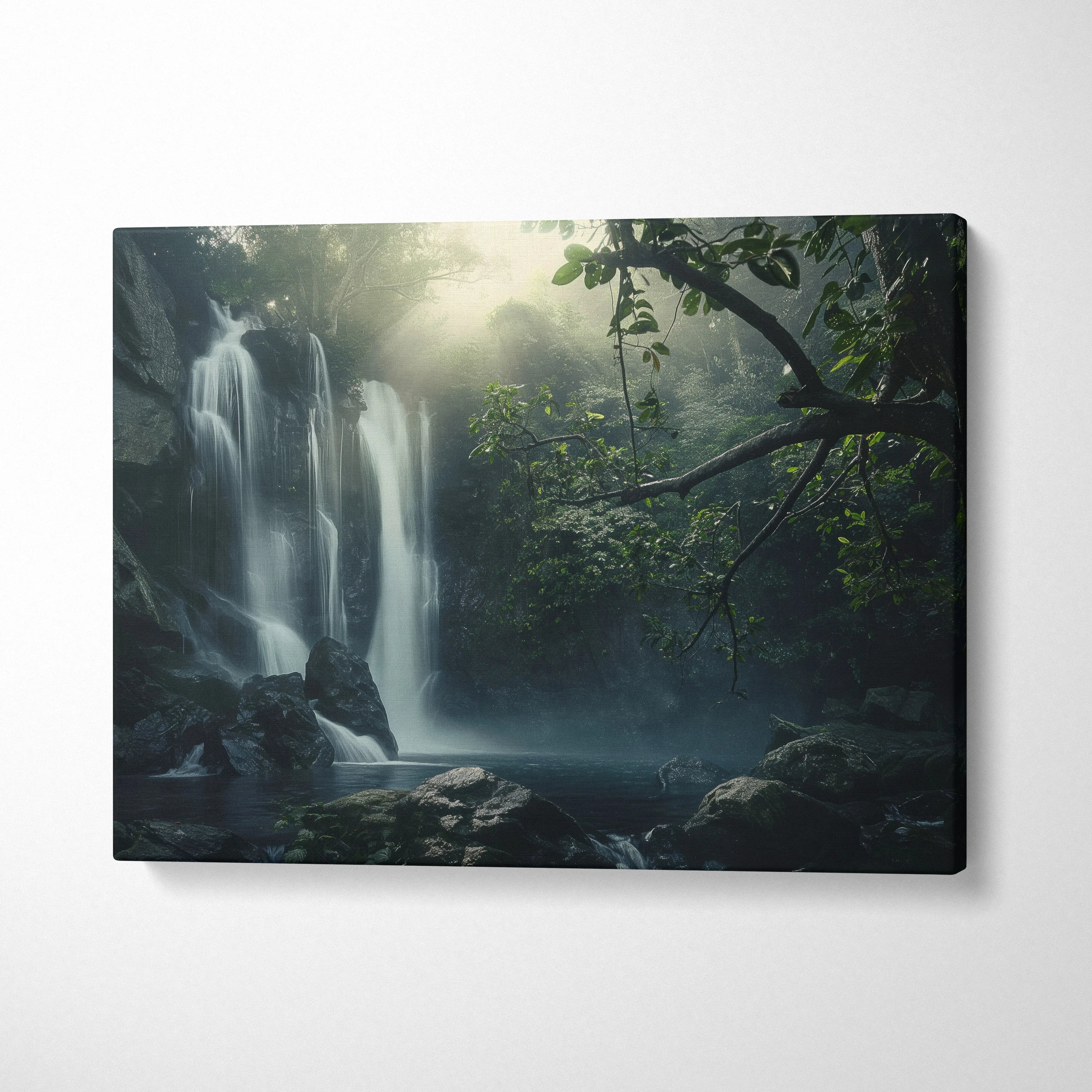 Waterfall forest scene on canvas wall art with misty trees and soft sunlight decor.