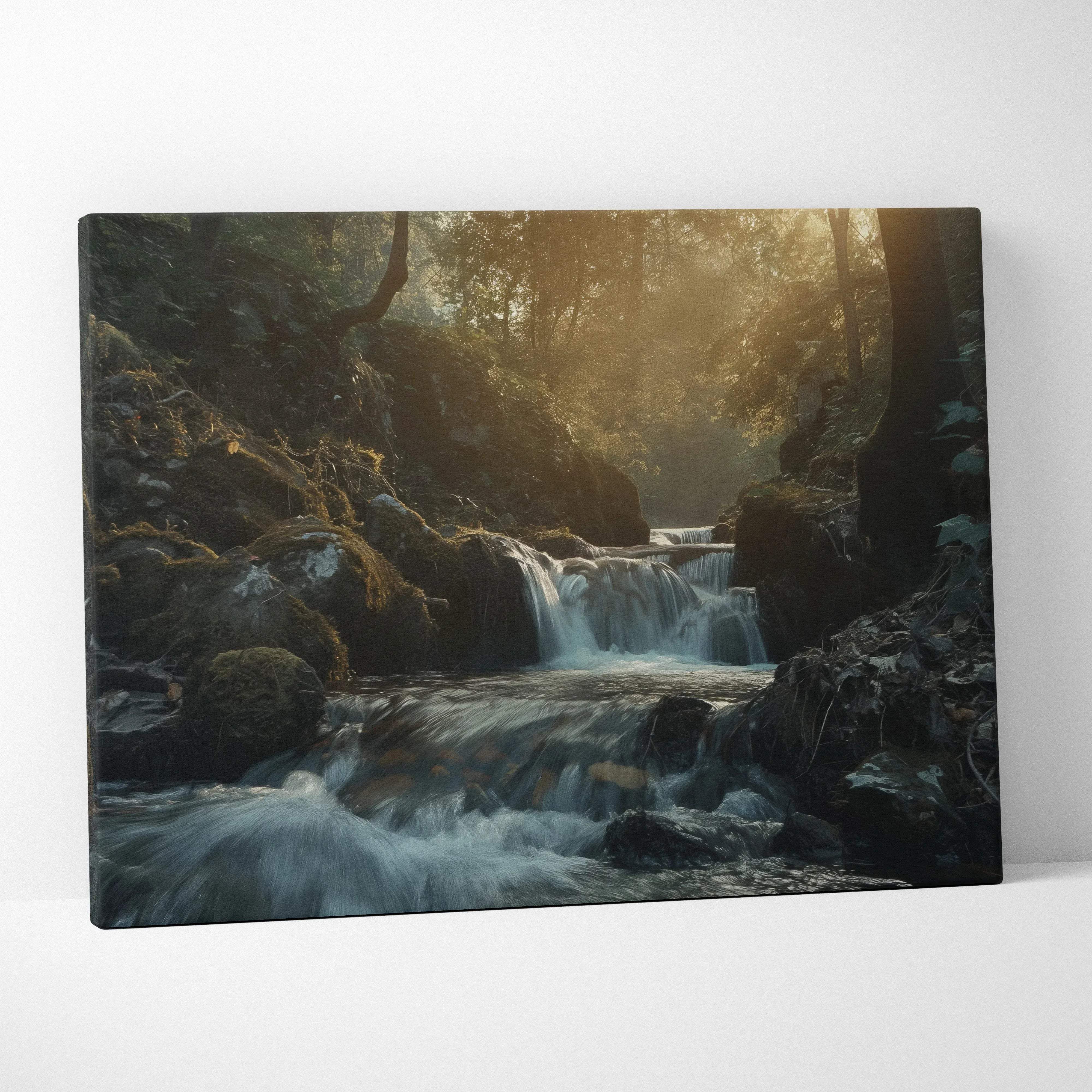 Rectangular canvas wall art of a tranquil waterfall forest scene with golden hour glow and moss covered rocks for living room decor