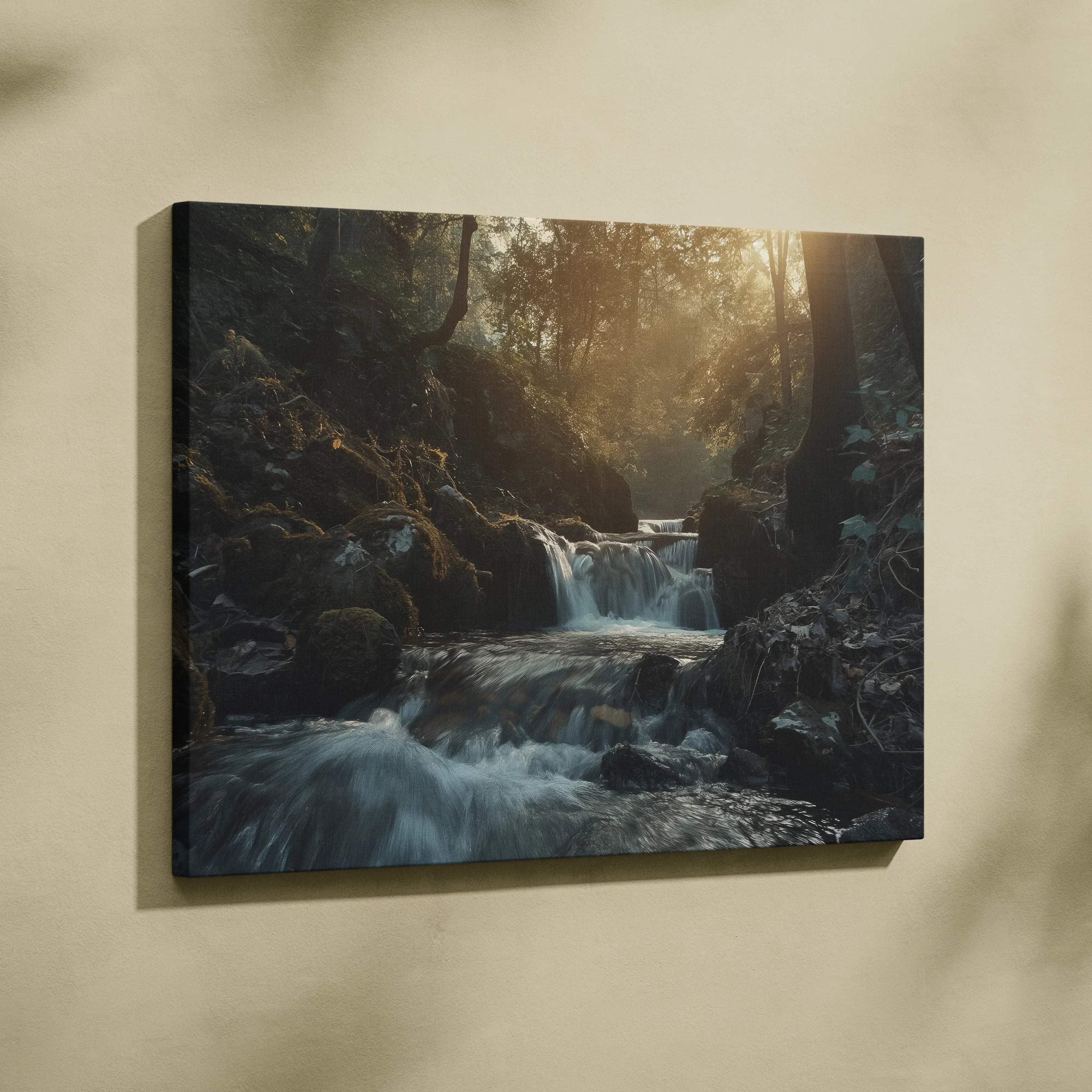 A framed canvas print of a serene forest stream with waterfalls mossy rocks and golden hour sunlight for living room decor