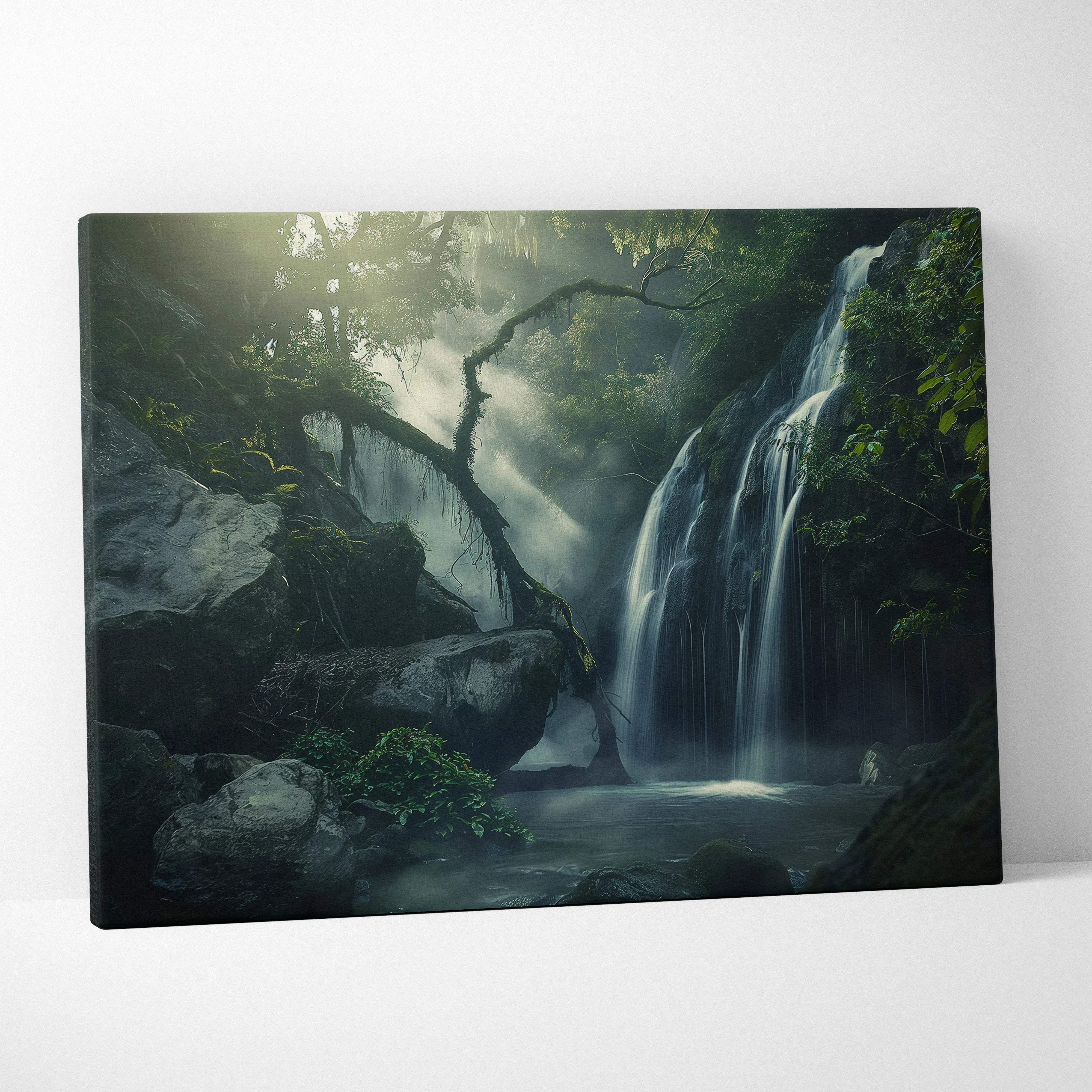 A rectangular canvas print of a tranquil forest waterfall with lush green foliage and moss-covered rocks in soft light