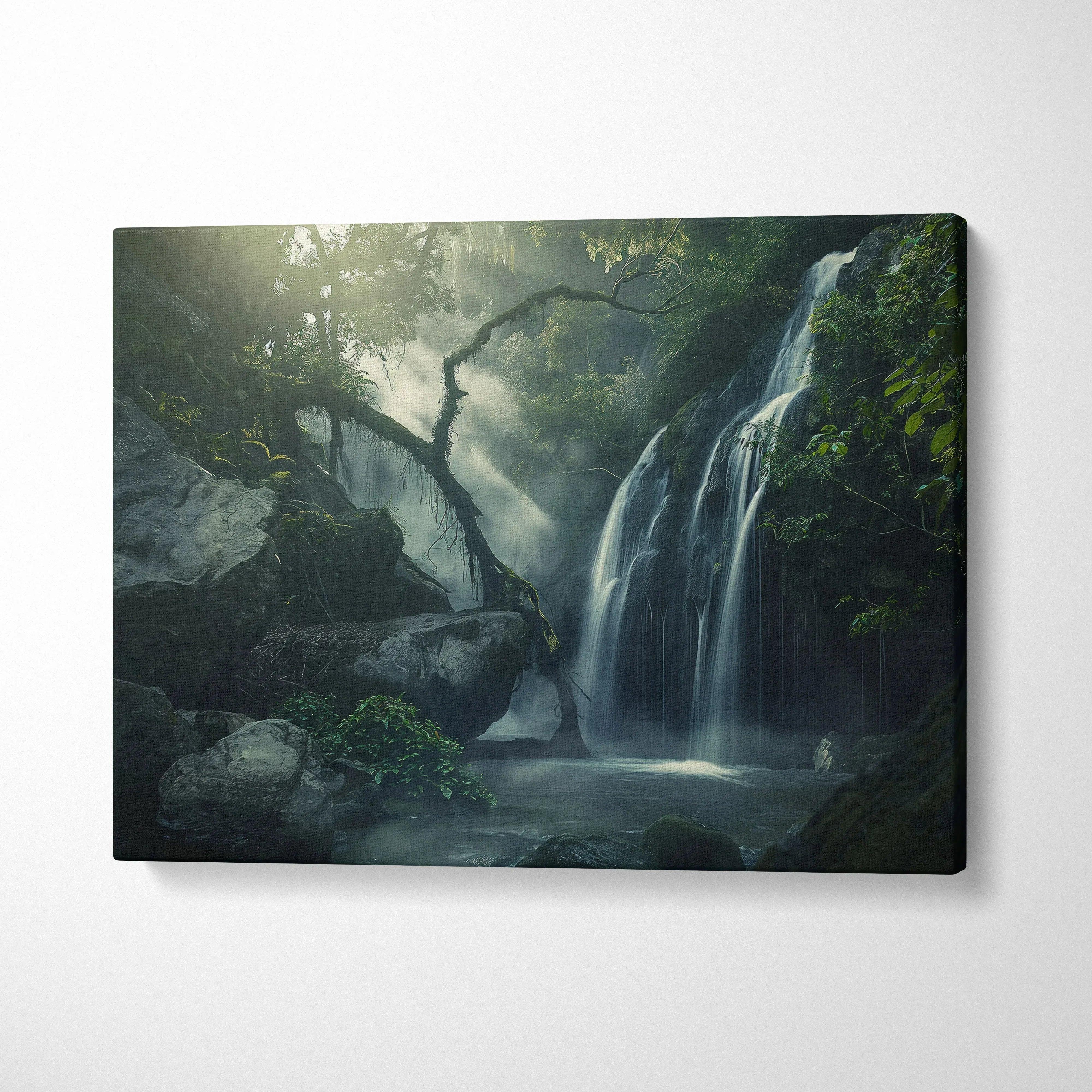 Waterfall forest nature canvas wall art with misty flowing water and lush green trees decor.