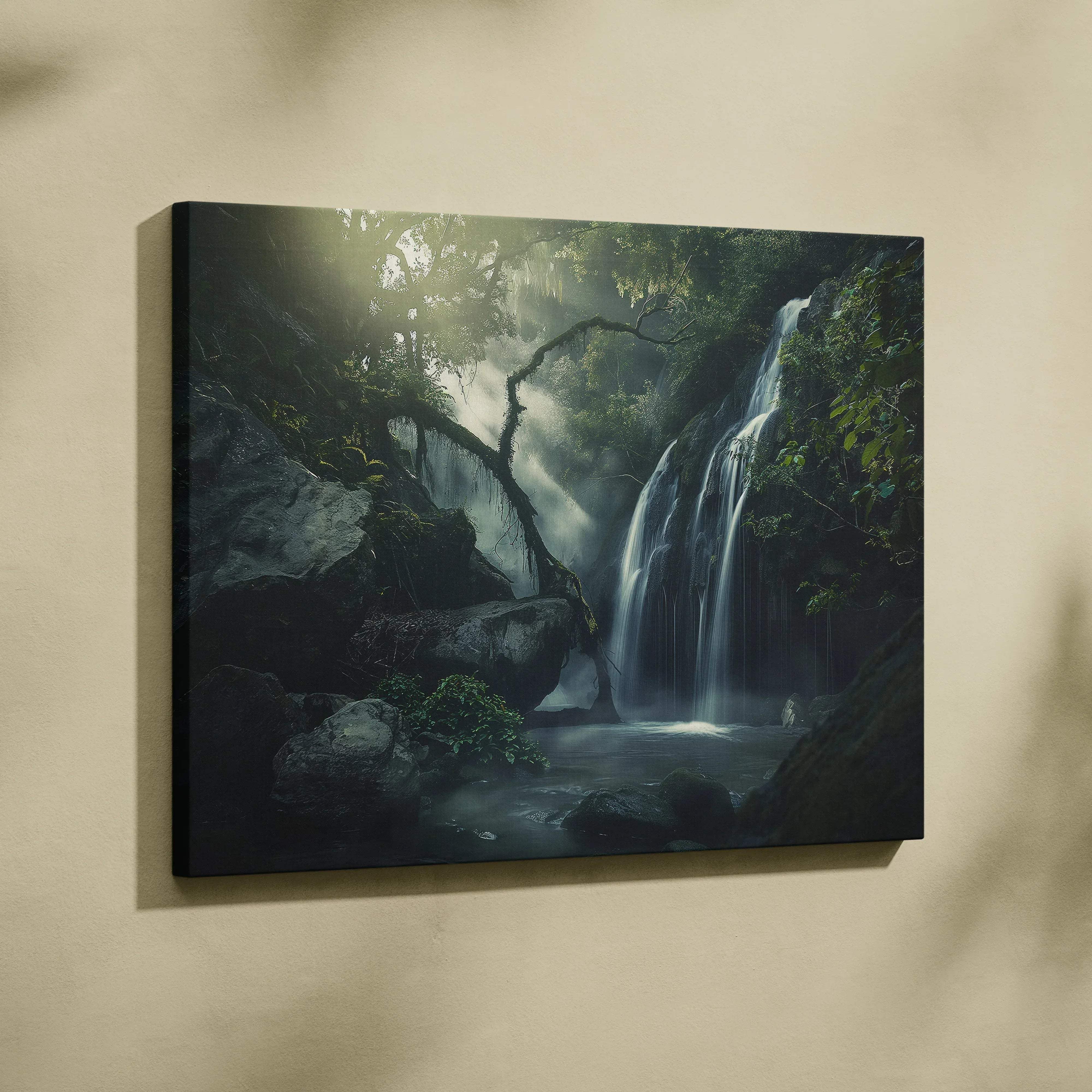 Rectangular canvas print of a lush green forest waterfall with mist and sunlight for tranquil wall art decor
