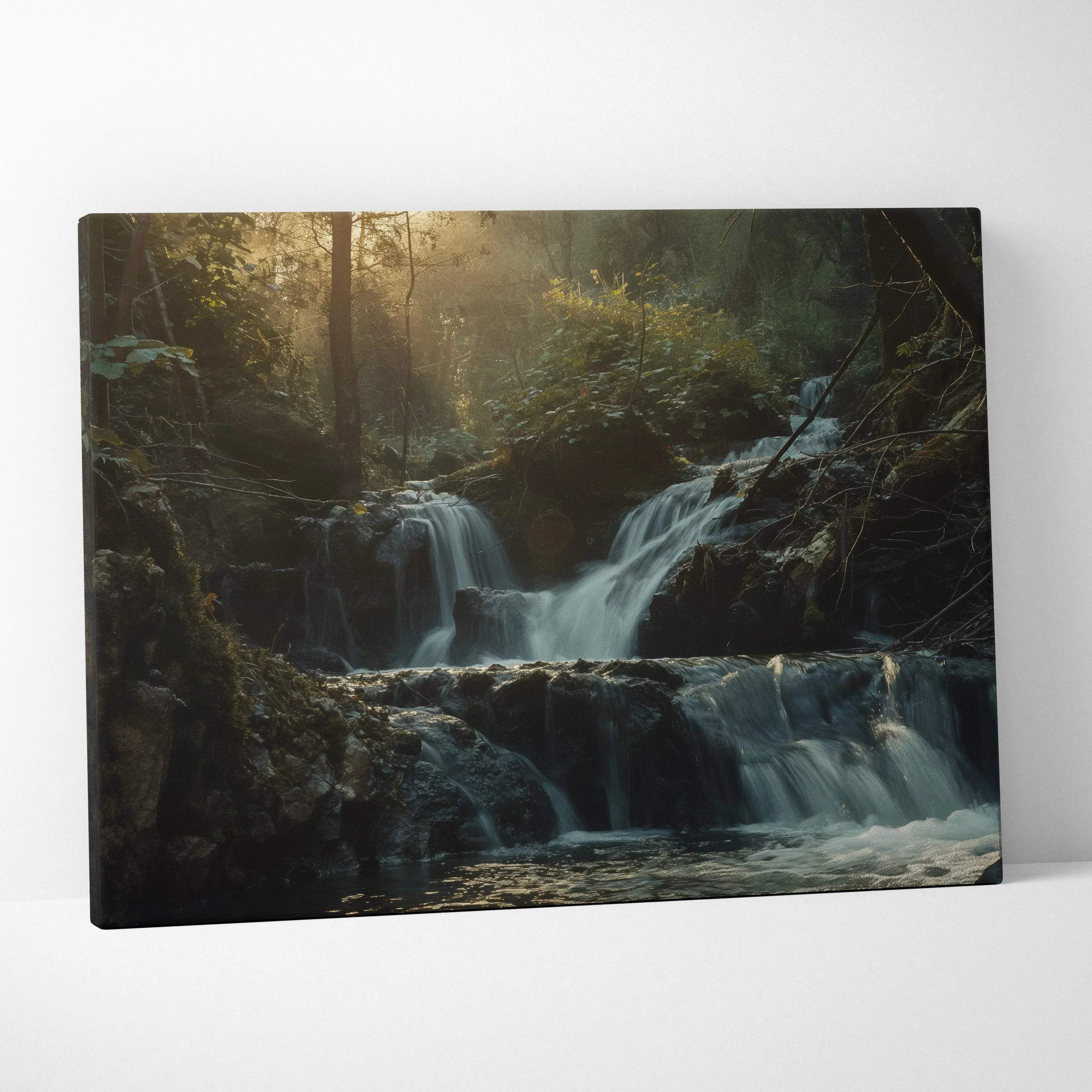 Waterfall forest scene canvas wall art with misty sunlight filtering through trees in warm sunlit greens for living room decor