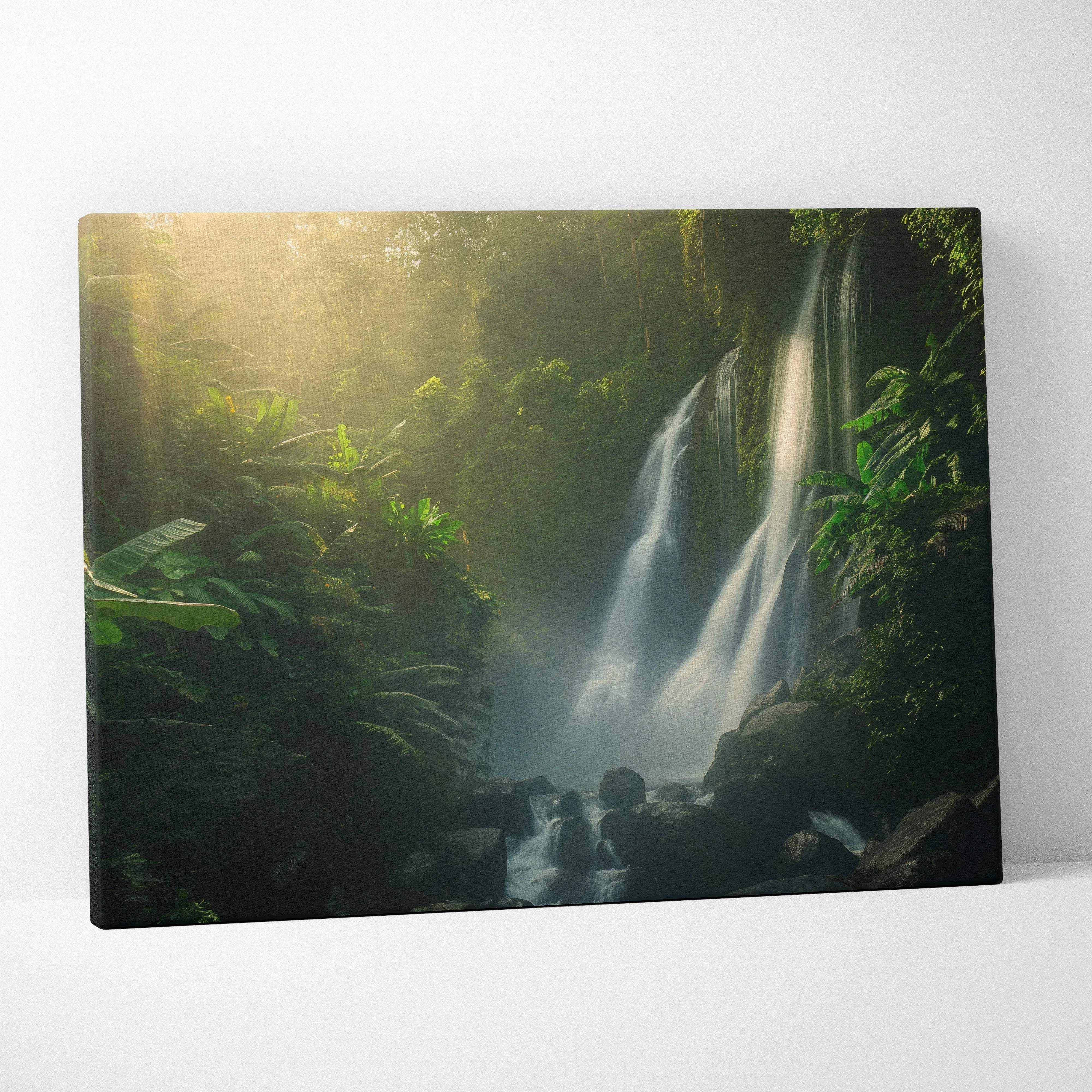 Rectangular canvas wall art featuring a lush green jungle waterfall scene for nature landscape decor