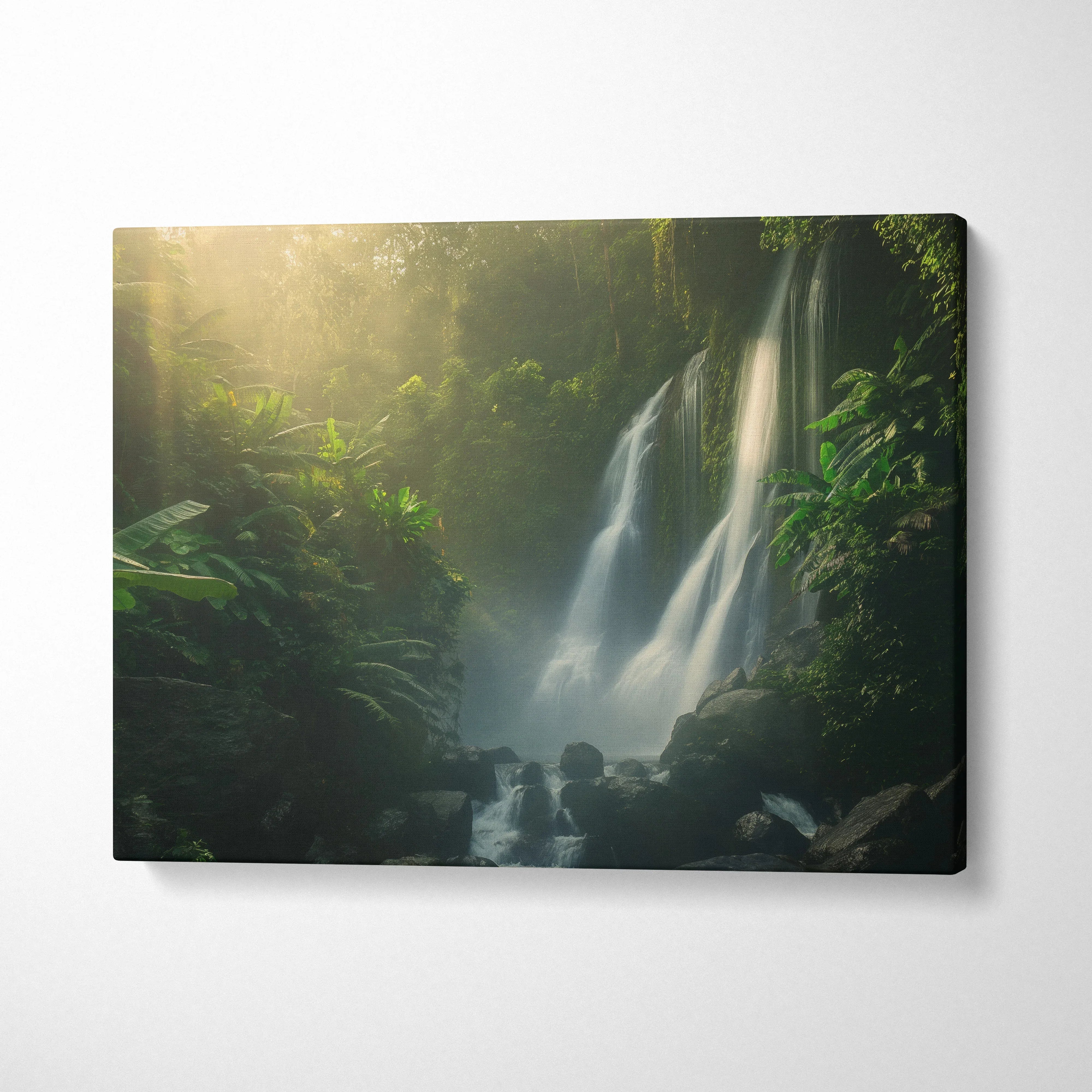 Waterfall flowing through lush green forest on canvas wall art for nature decor.