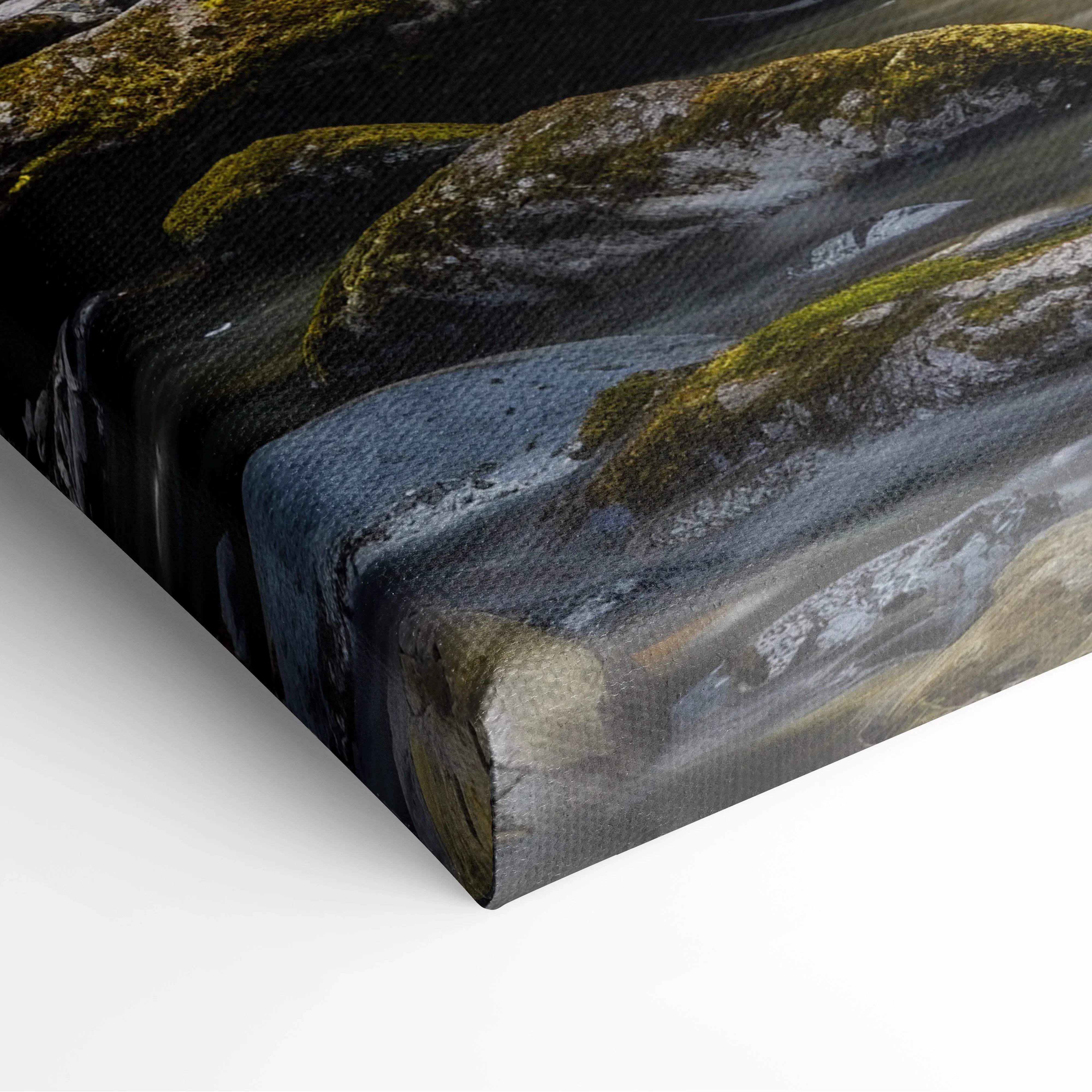 Calm forest waterfall landscape canvas wall art featuring close-up of moss-covered rocks with flowing water in natural tones