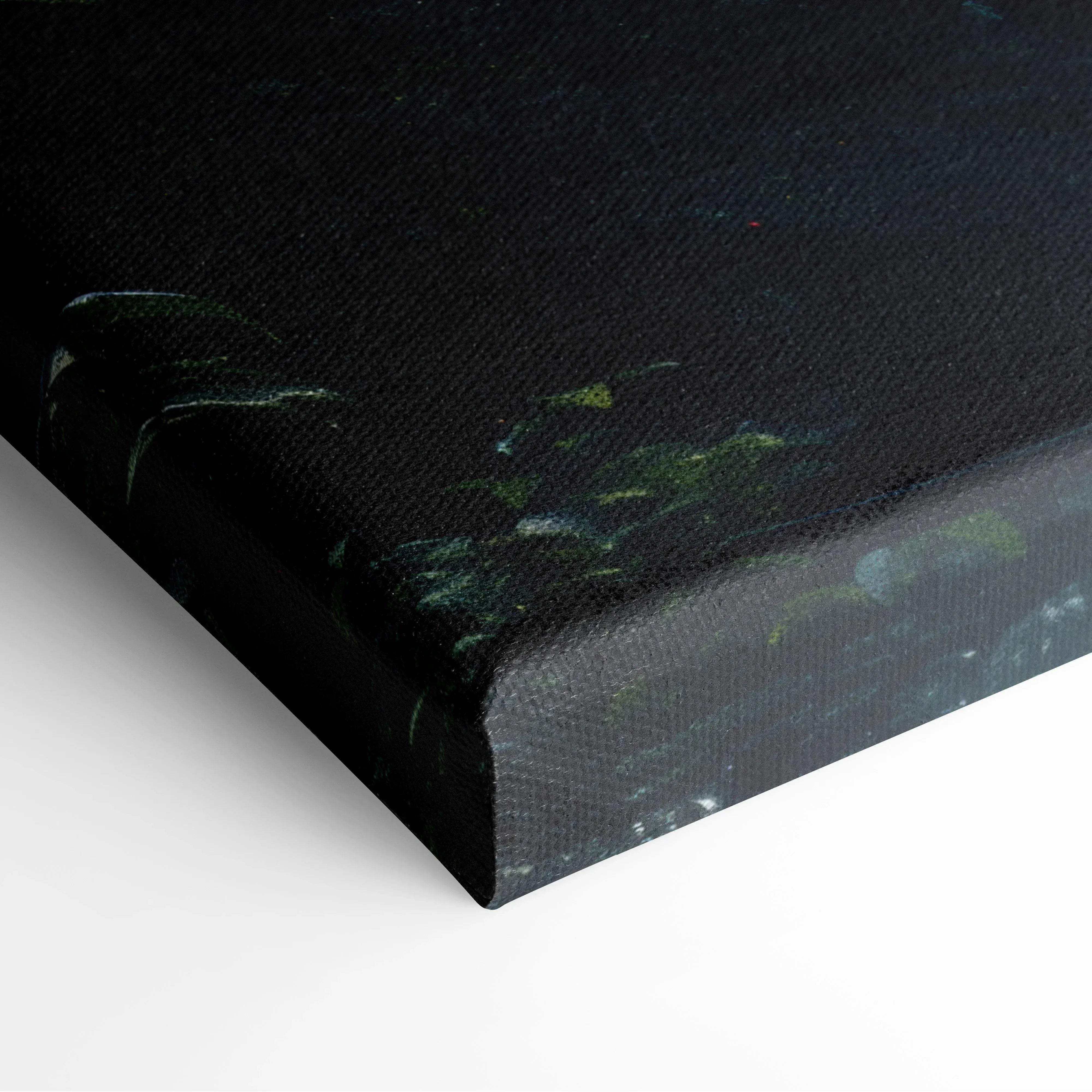 Moody forest waterfall canvas wall art with black textured surface and subtle green and blue paint splatters