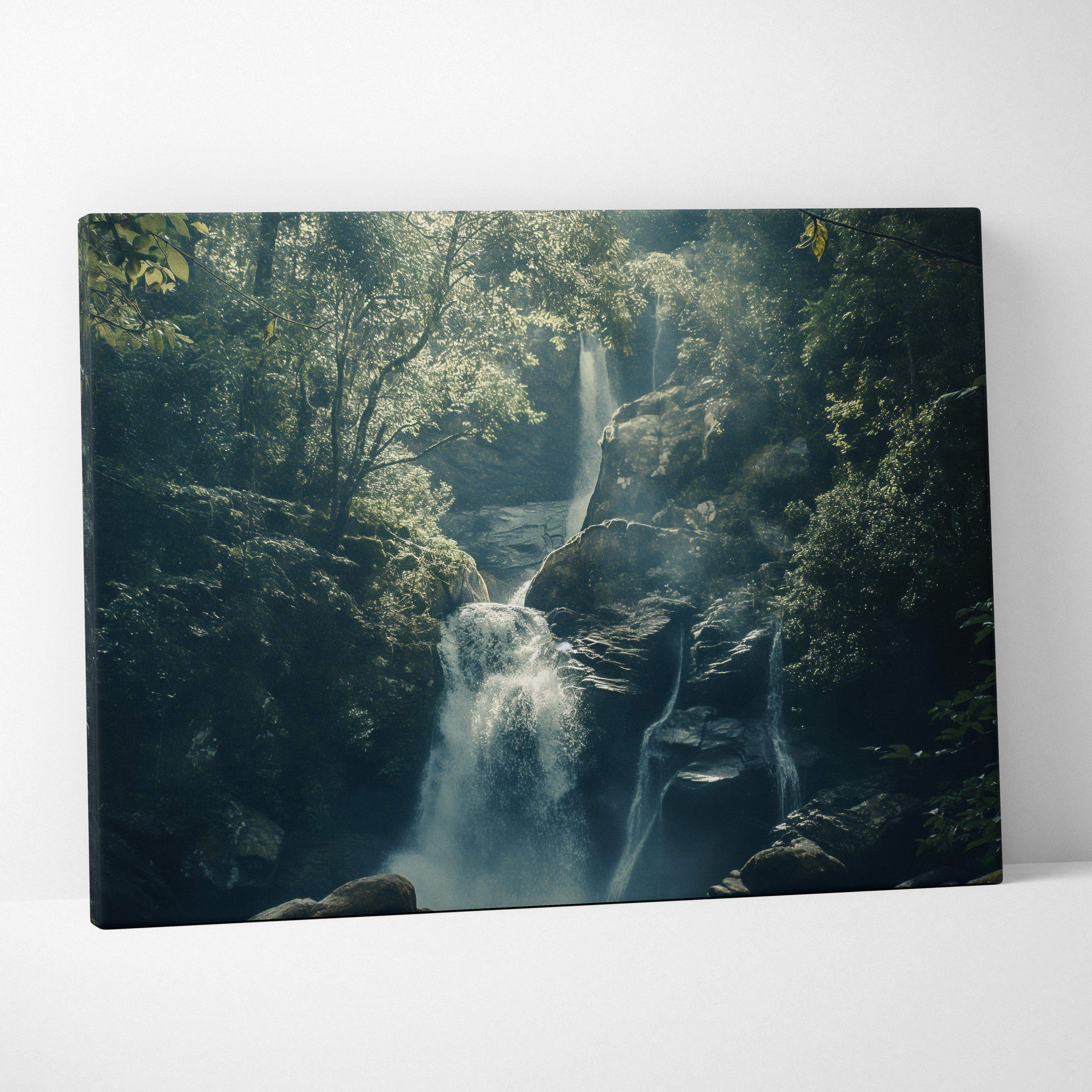 Moody forest waterfall canvas wall art featuring a serene rectangular print of lush green foliage and sunlit mist