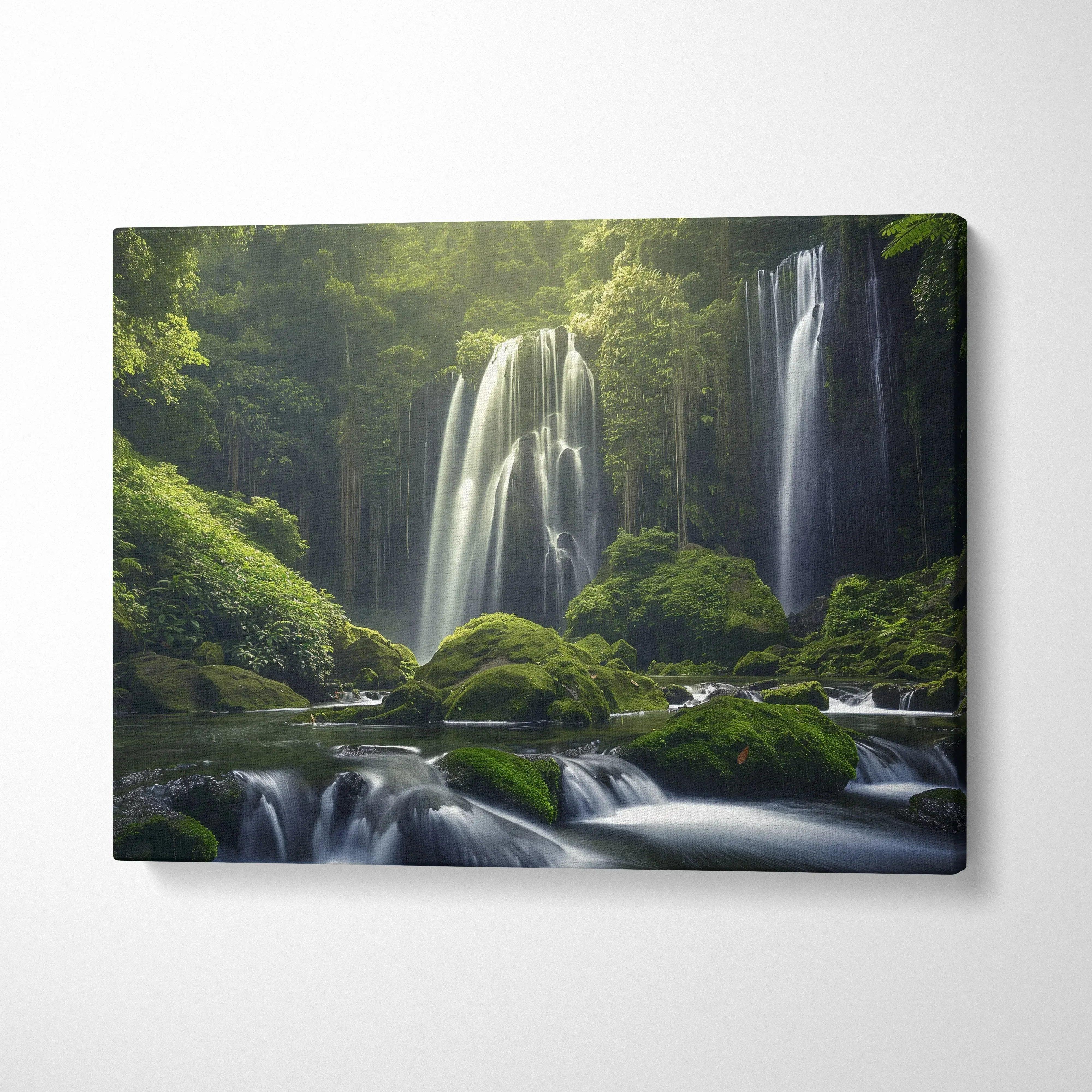 Waterfall in lush forest canvas wall art with vibrant green decor and flowing water scene.