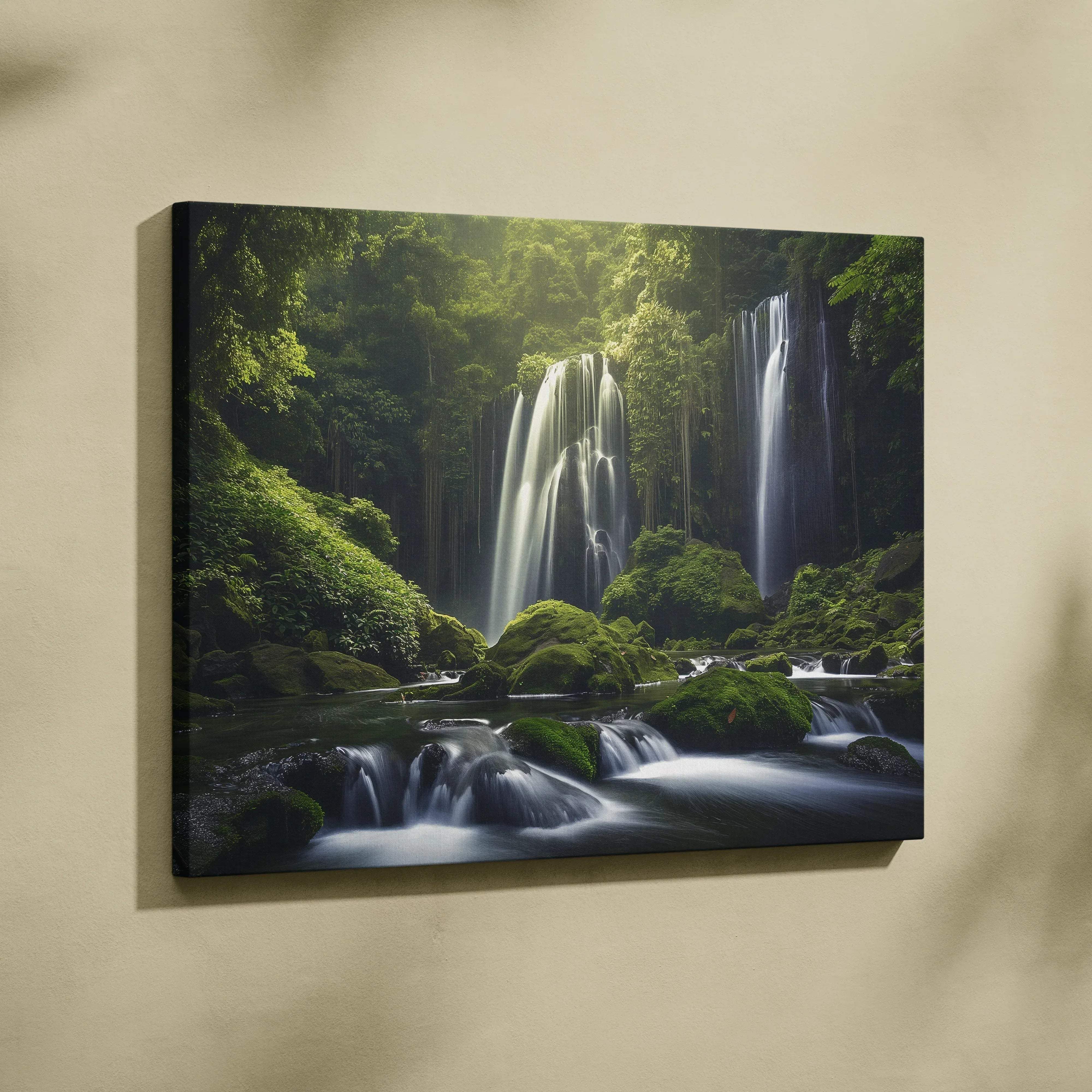 A rectangular canvas wall art featuring a lush green jungle waterfall scene with moss-covered rocks for living room decor