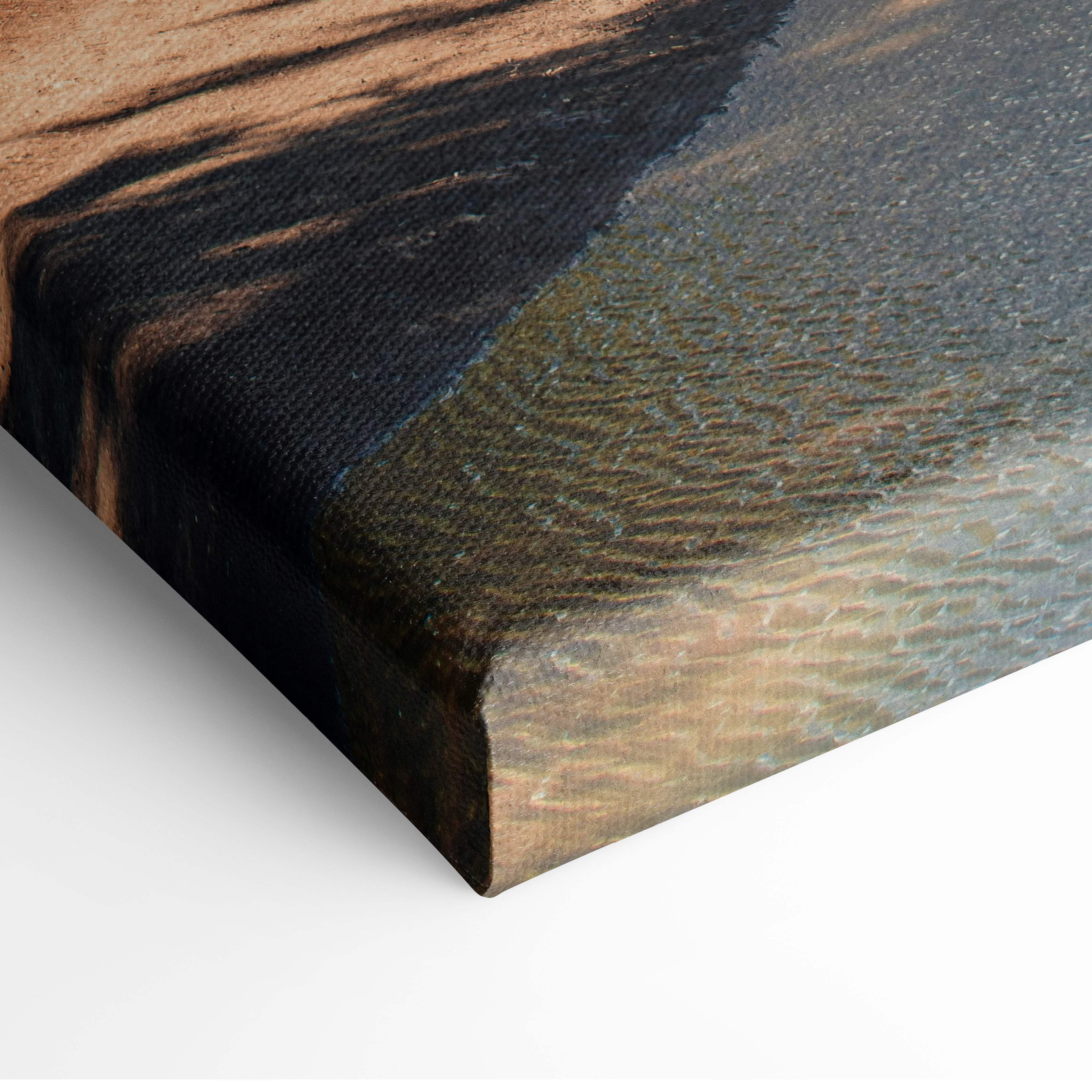 Green blue mountain lake canvas print with textured earthy tones for alpine forest living room and bedroom decor