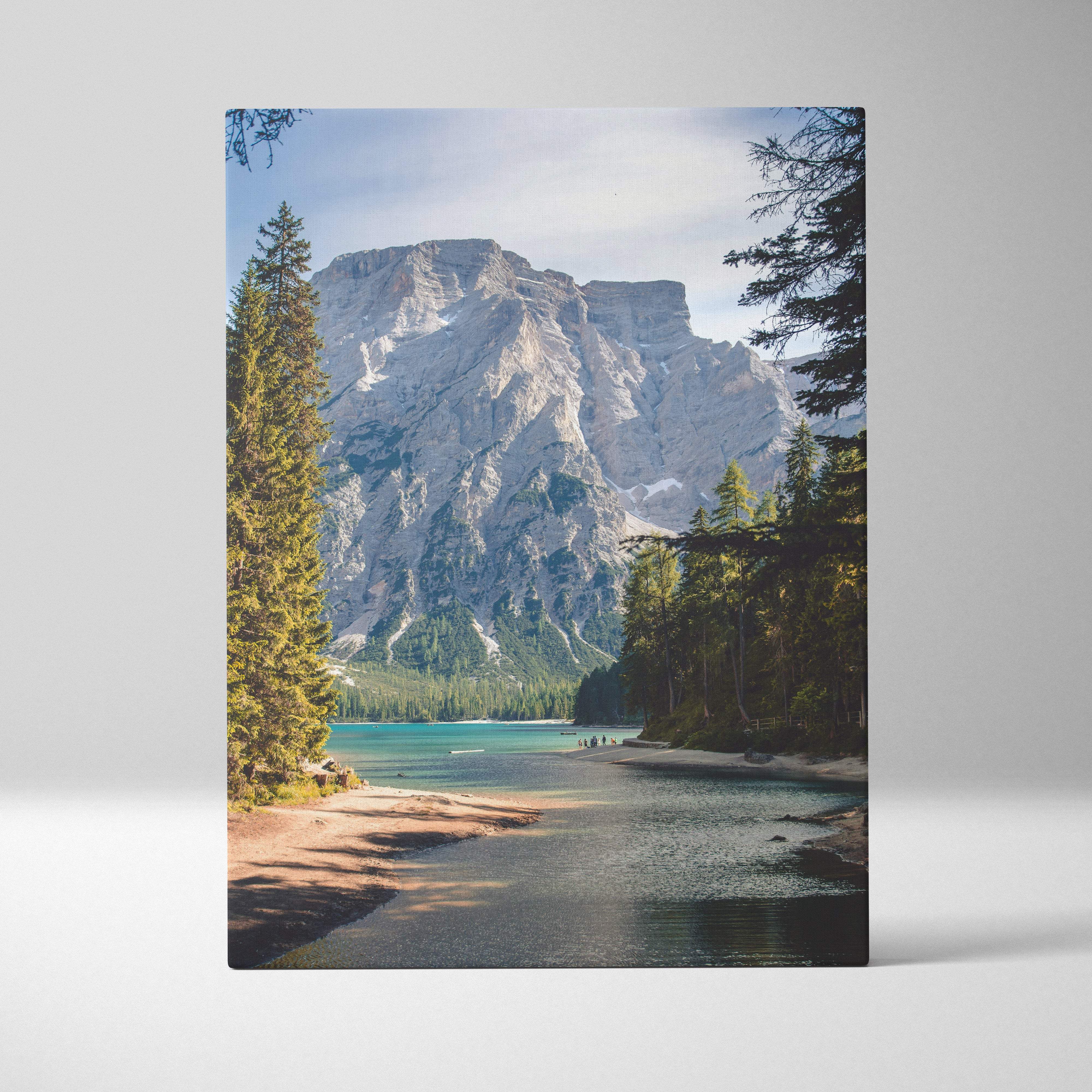 Green blue mountain lake canvas wall art featuring turquoise water and snow-dusted peaks for nature decor