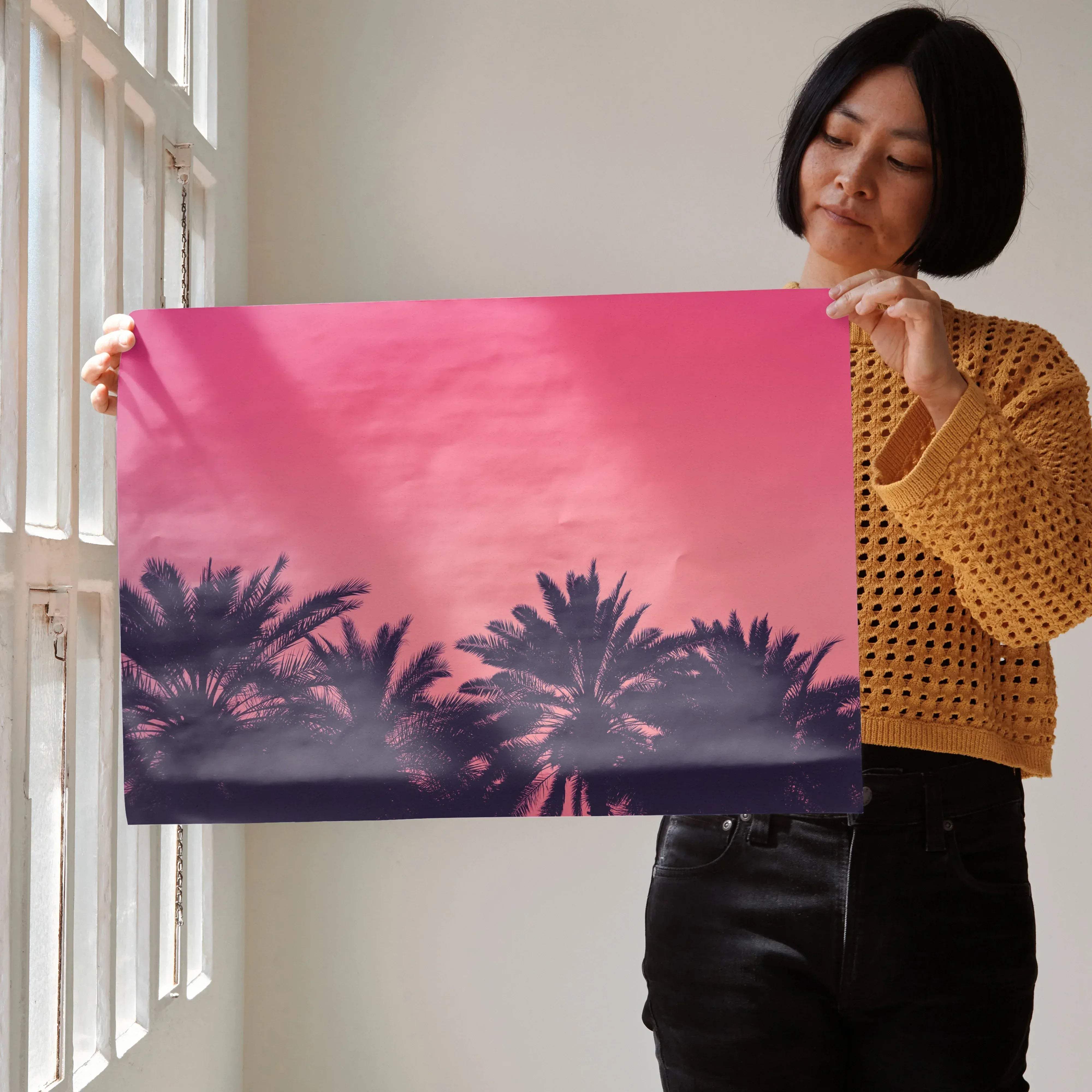 Serene beach digital art poster featuring a vibrant pink and purple gradient with silhouetted palm trees wall decor