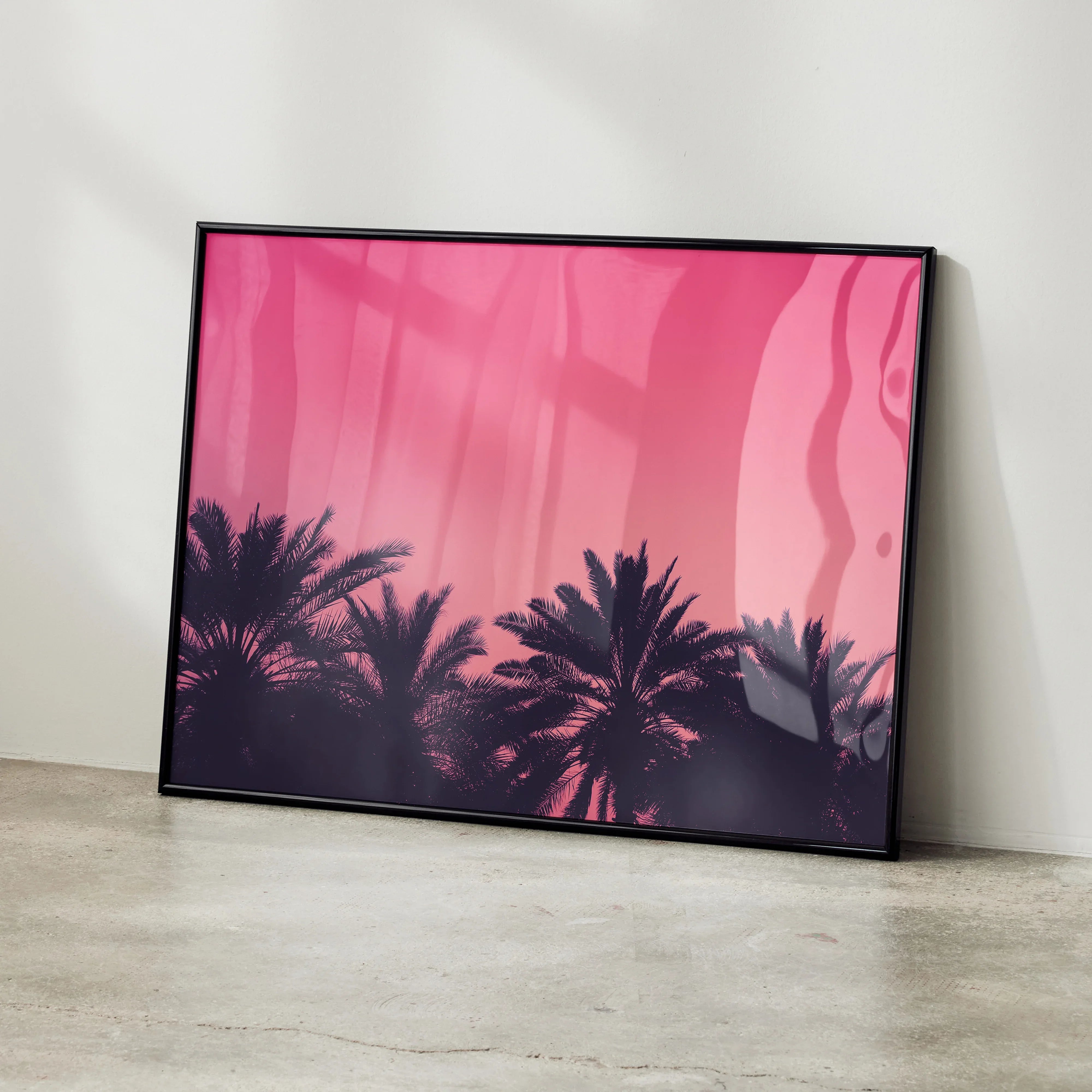 Serene Beach poster with pink sky and silhouetted palm trees, digital wall art decor.