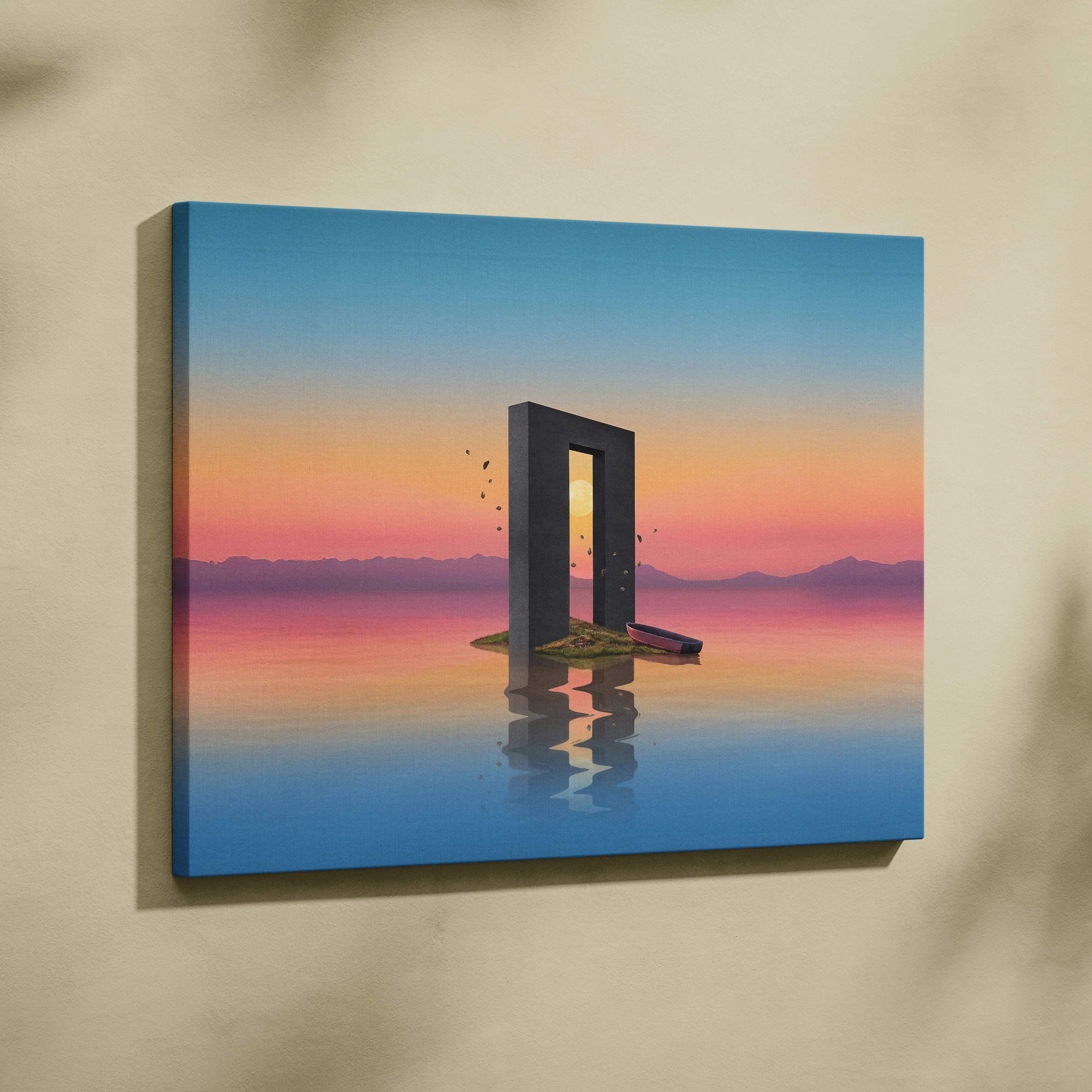 Minimalist 3D portal rising from calm water under sunset sky canvas art