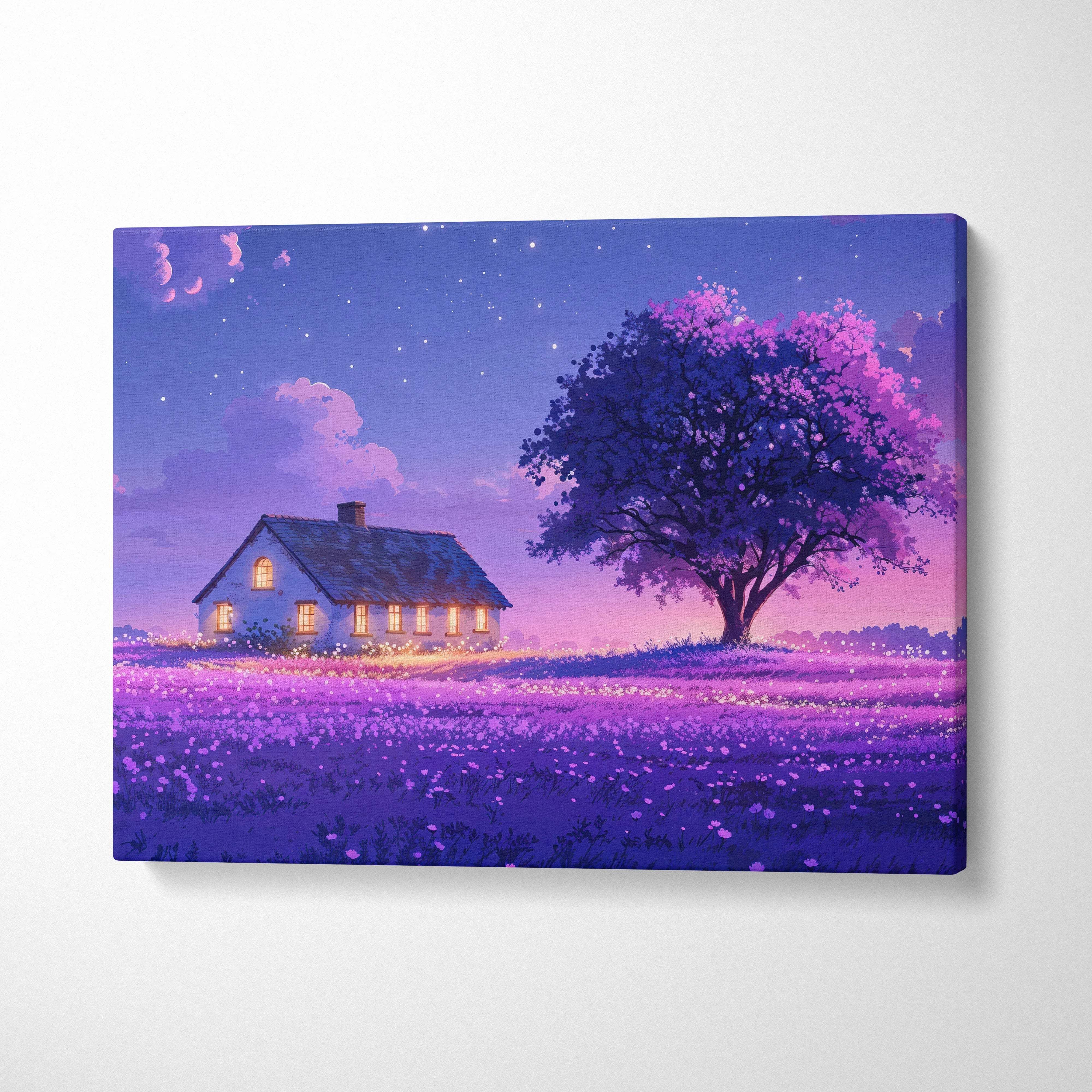 Whimsical purple pink cottage with lone tree in lavender field at twilight canvas