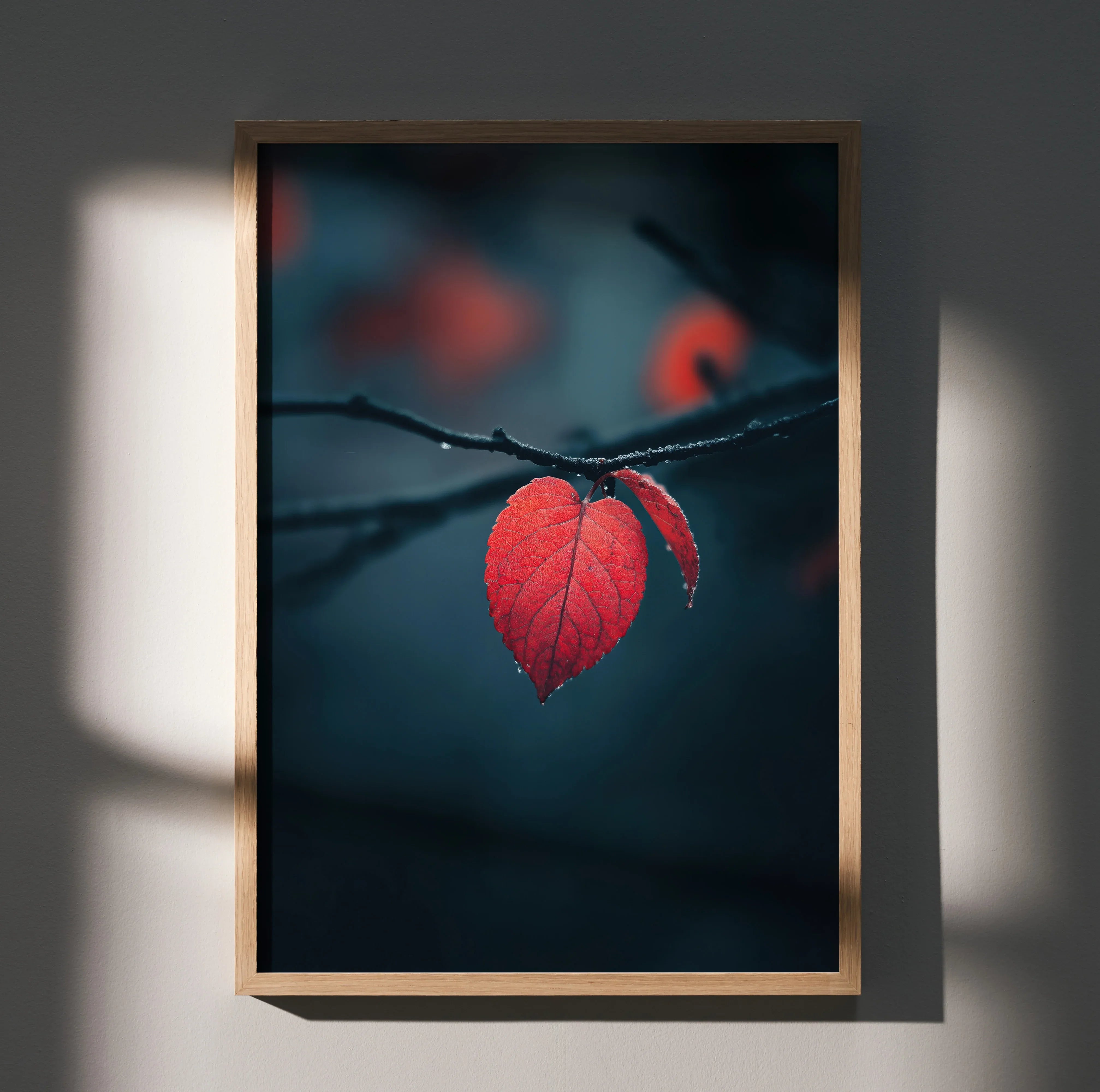 Autumn nature wall art poster featuring vibrant red fall leaves on dark branches against a blurred background.