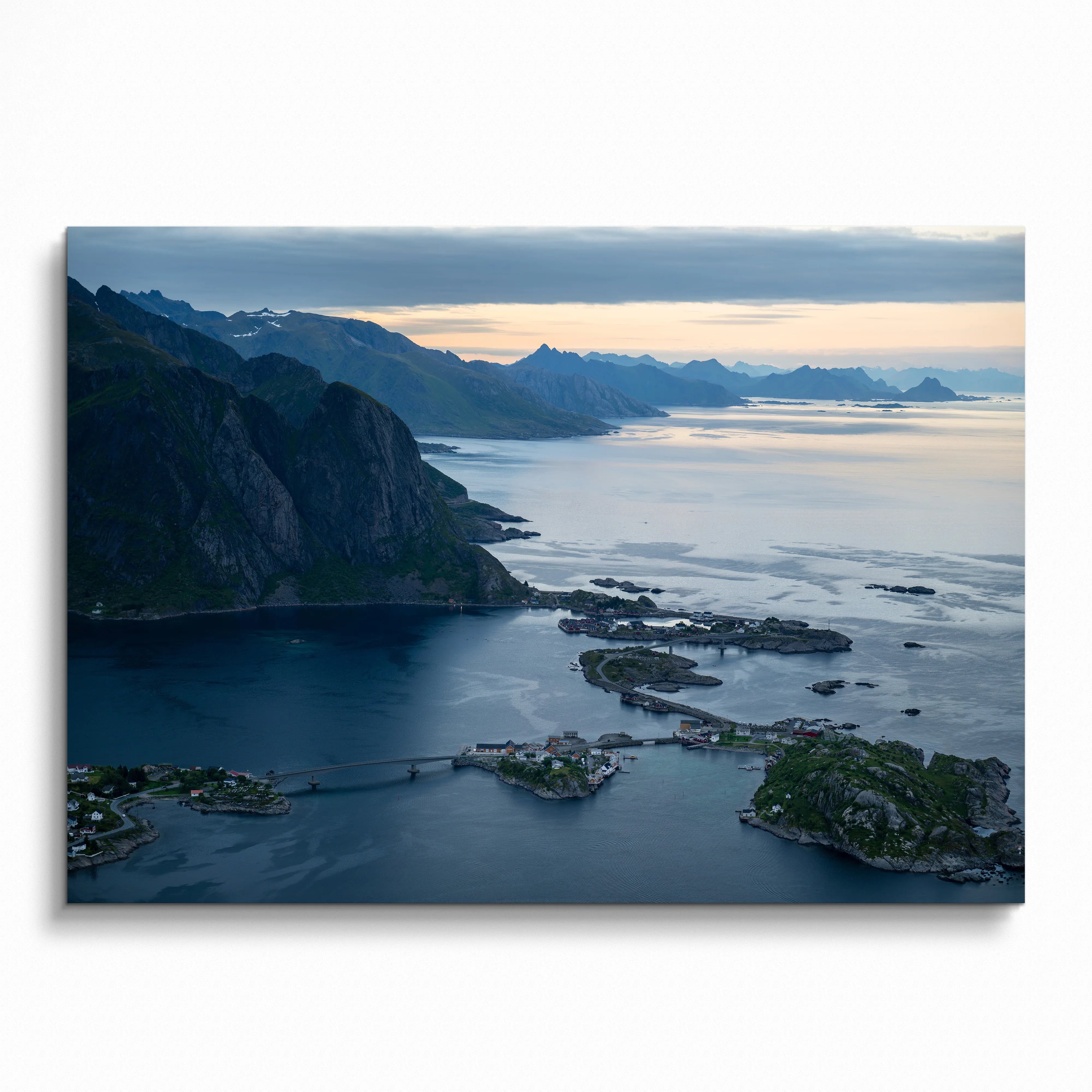 Mountain sunset poster with rugged cliffs and calm sea, nature-themed wall art.