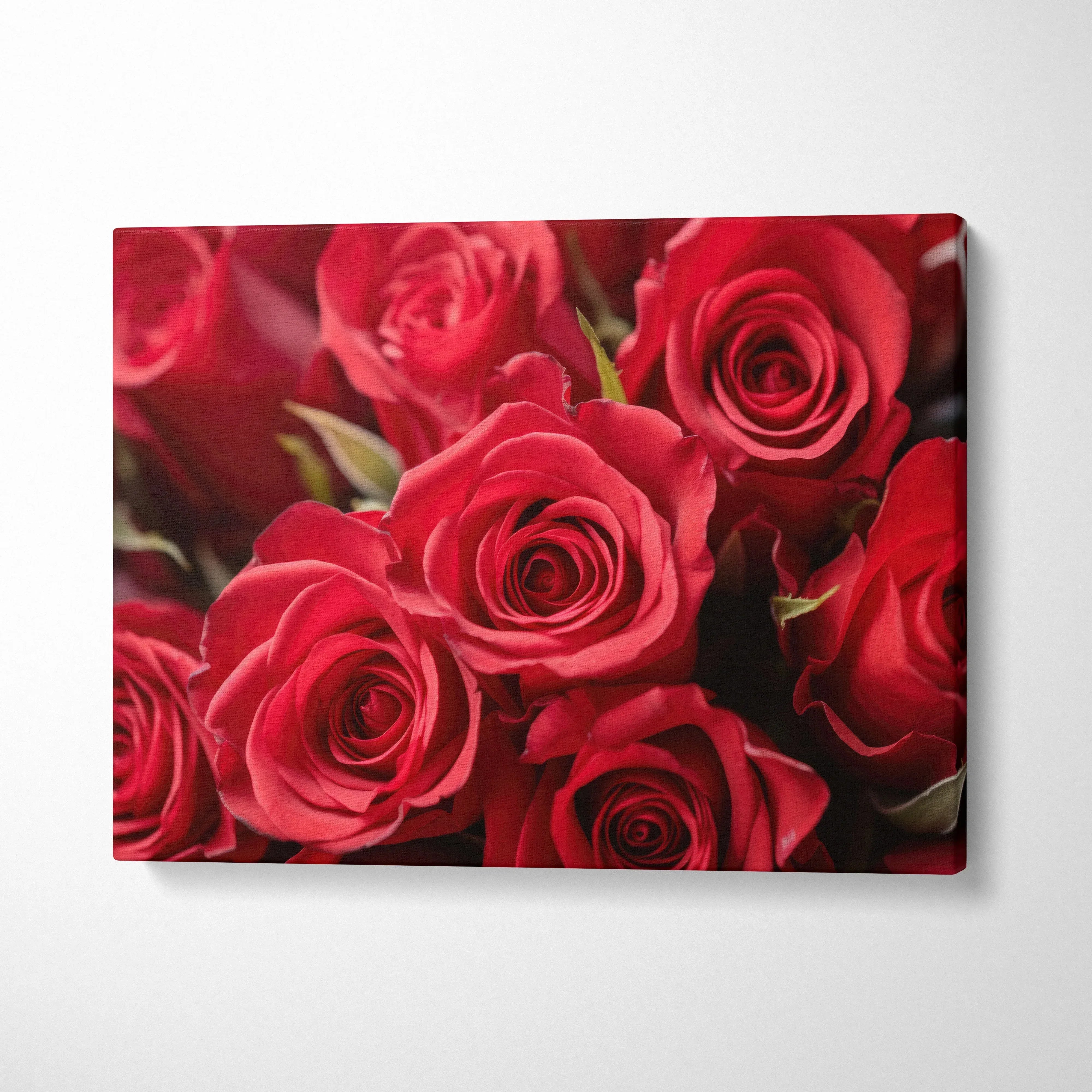 Vibrant red roses close-up floral canvas wall art, rich color and detailed petals decor.