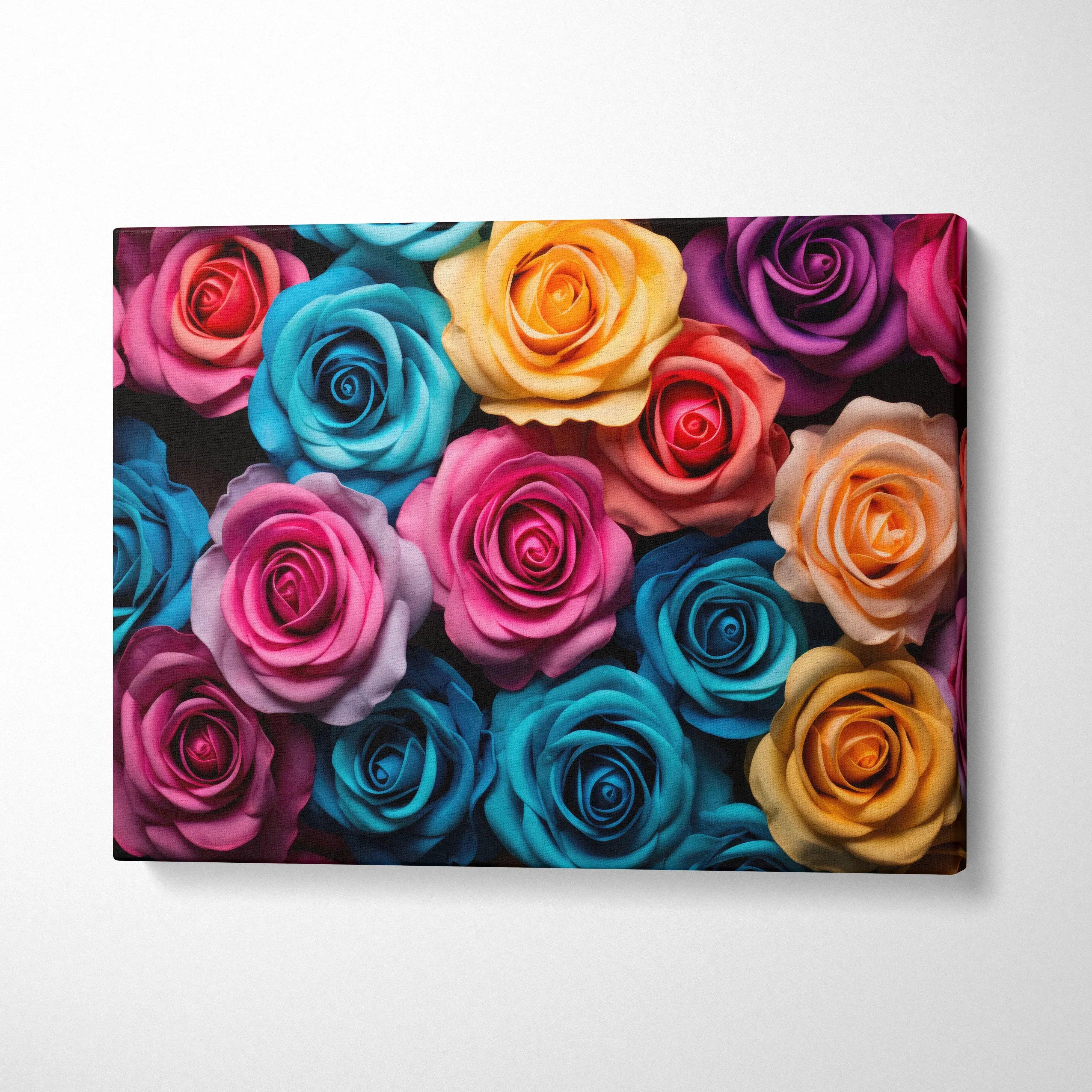 Colorful pastel roses canvas wall art print with vibrant floral decor design.