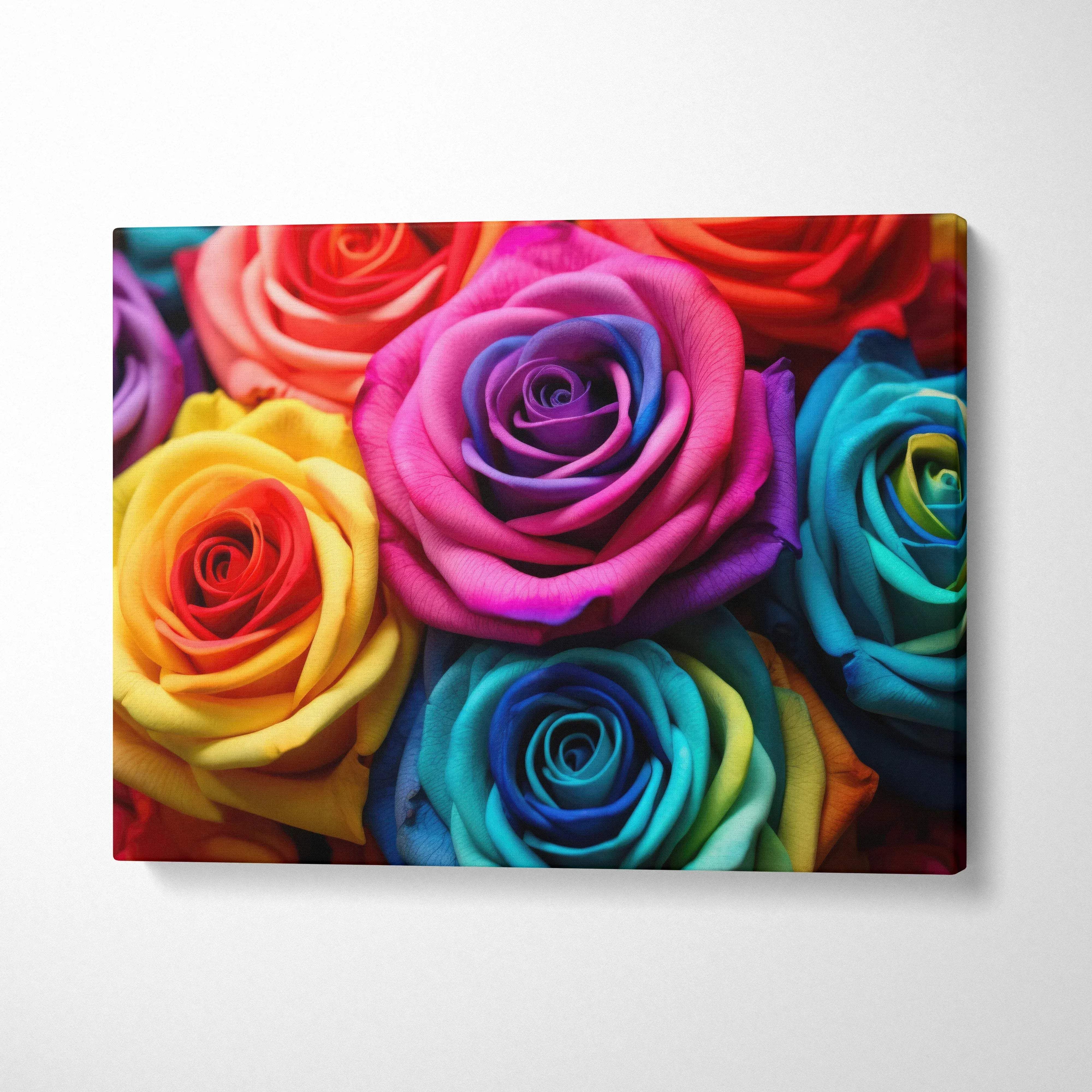 Multicolor roses close-up canvas wall art with vibrant hues for elegant decor.
