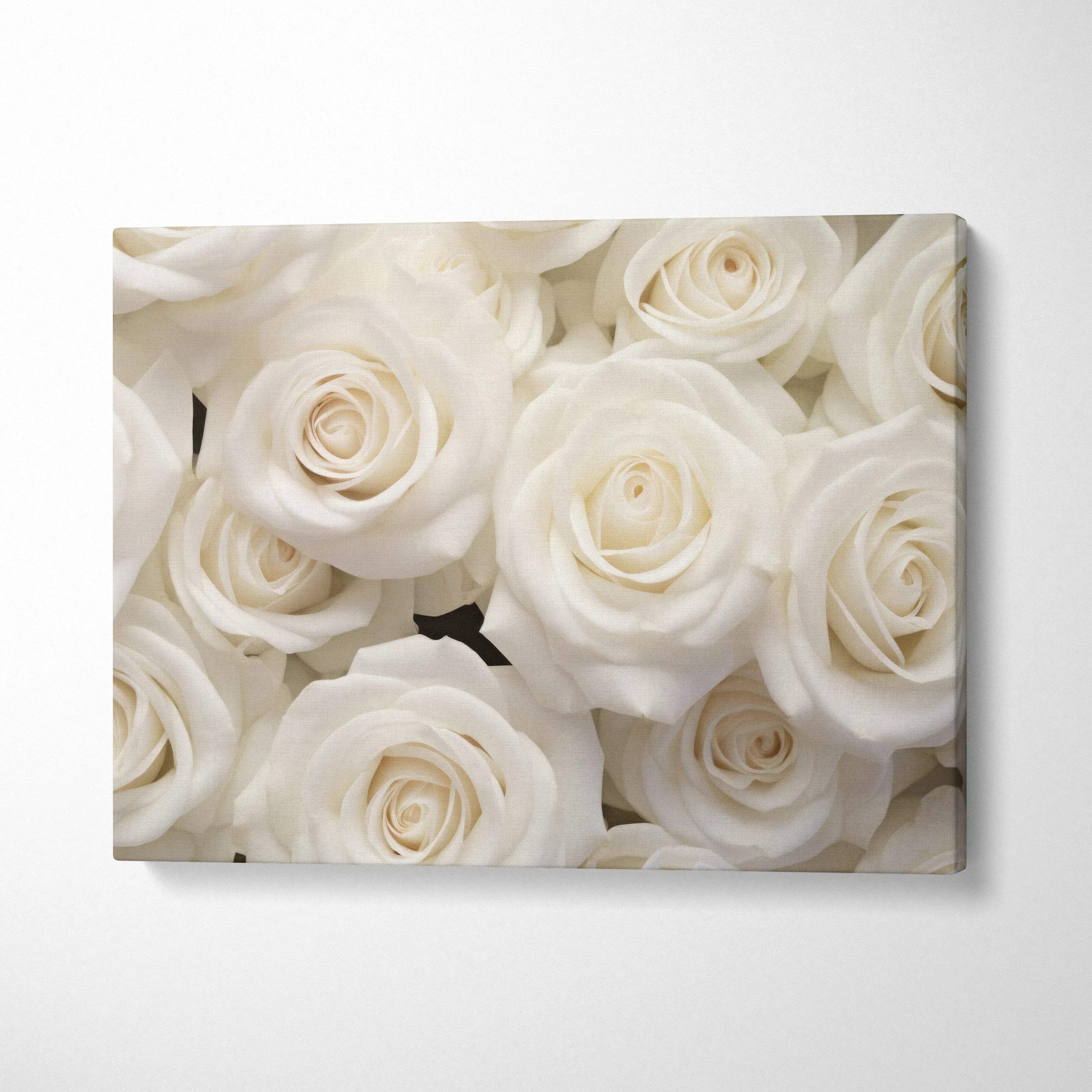 White roses close-up floral canvas wall art for elegant home decor.