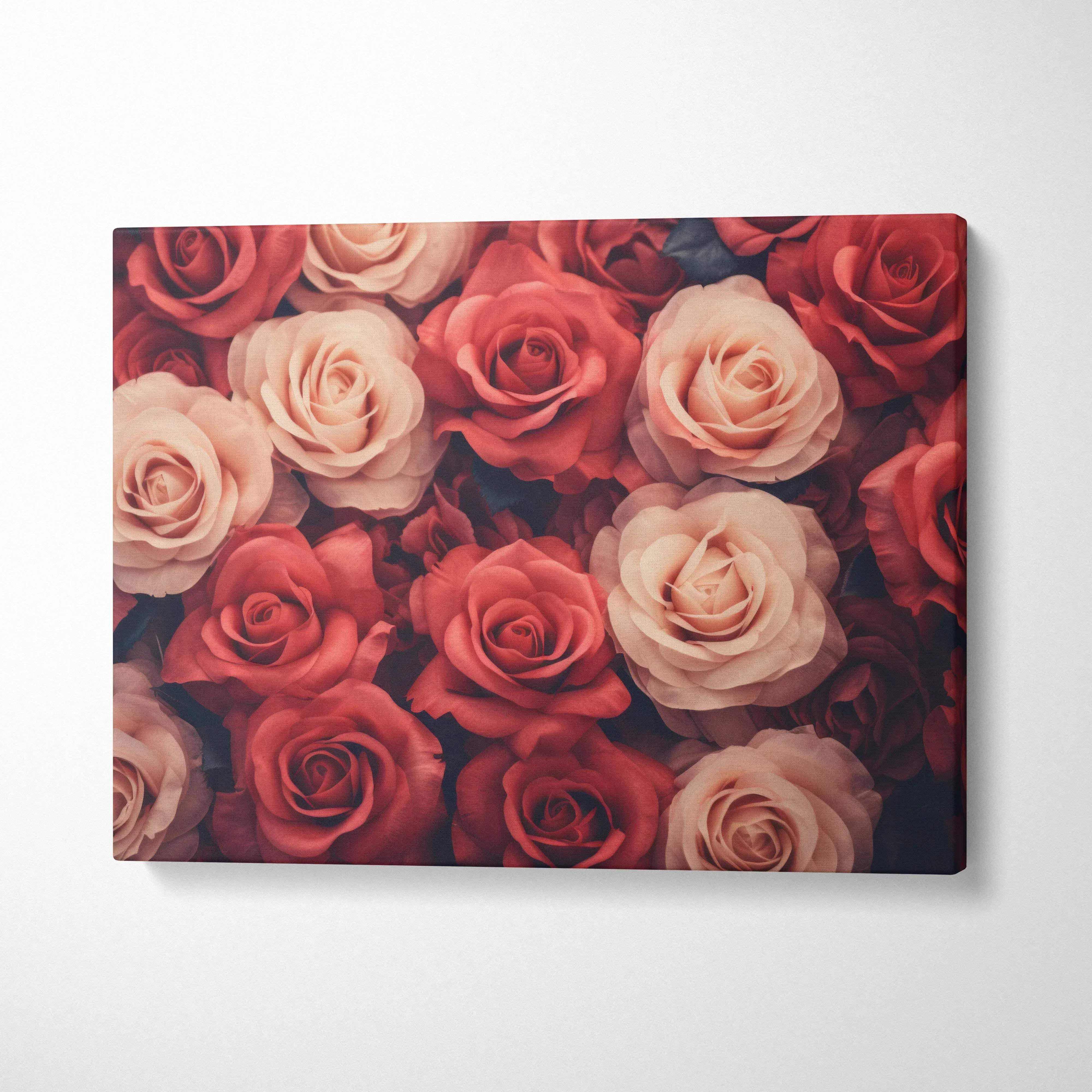 Floral canvas wall art featuring vibrant red and pink roses in a horizontal layout with 1.5" depth frame decor.