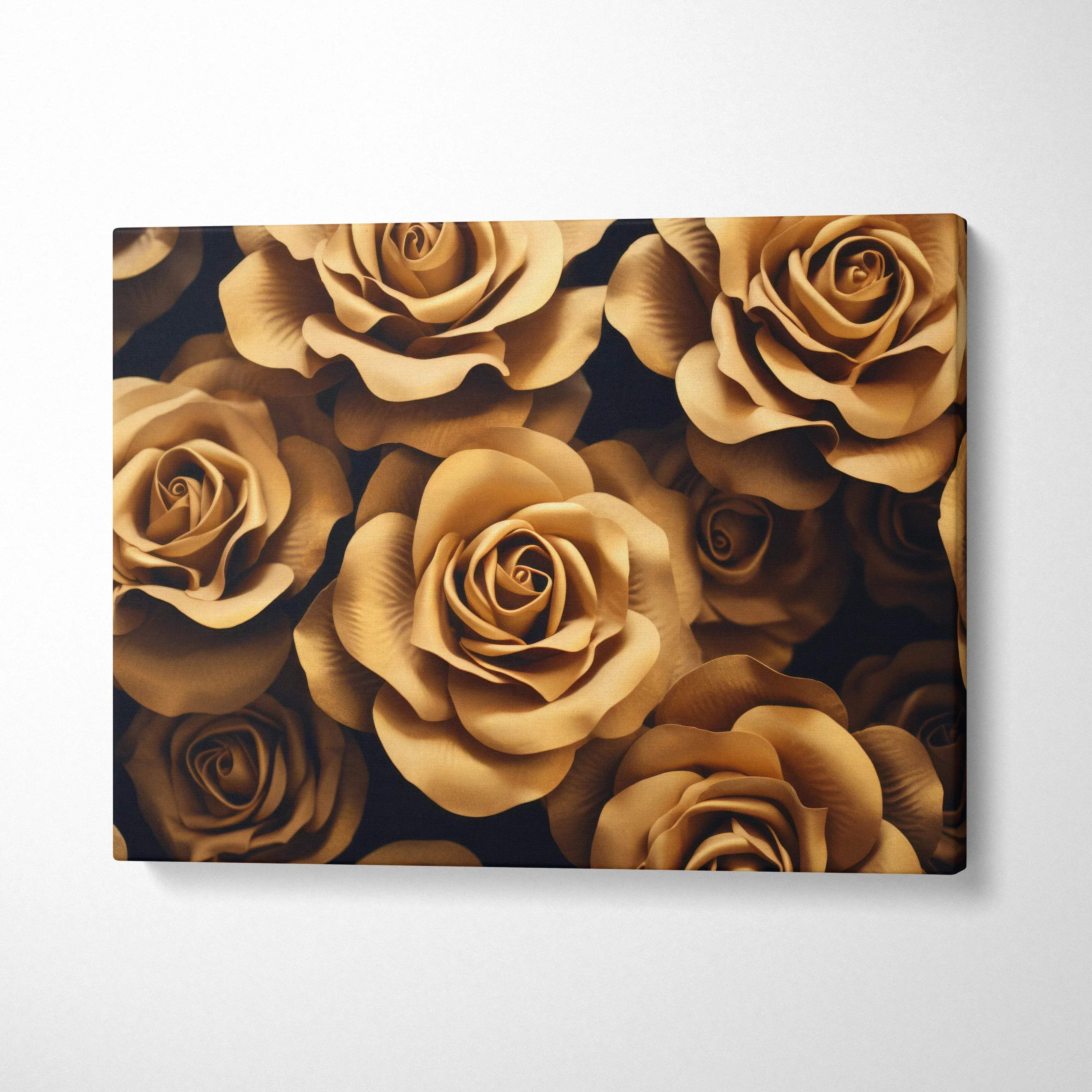Bronze roses floral canvas wall art with detailed petals on dark background decor.