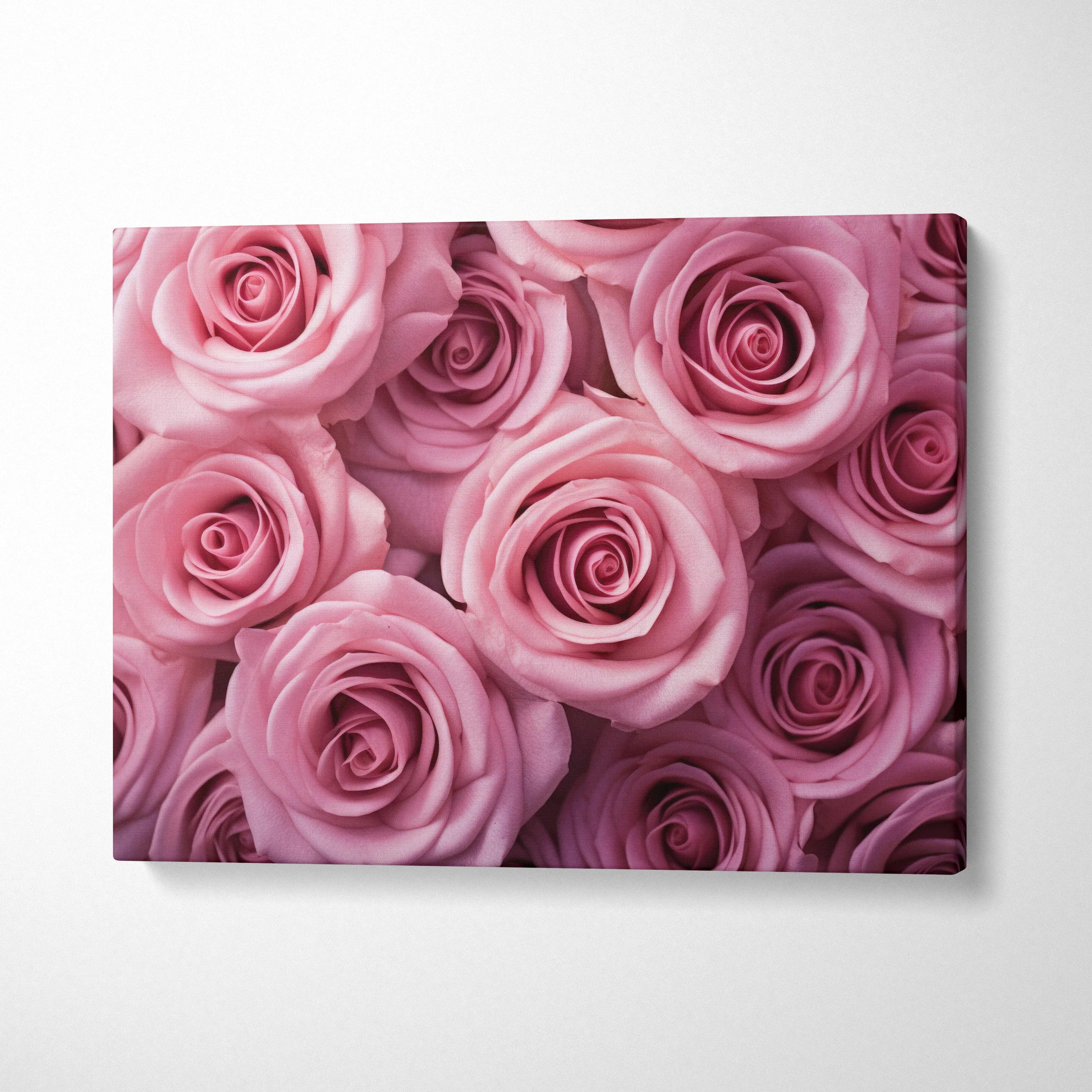 Vibrant pink roses close-up canvas wall art floral decor with soft petal details.