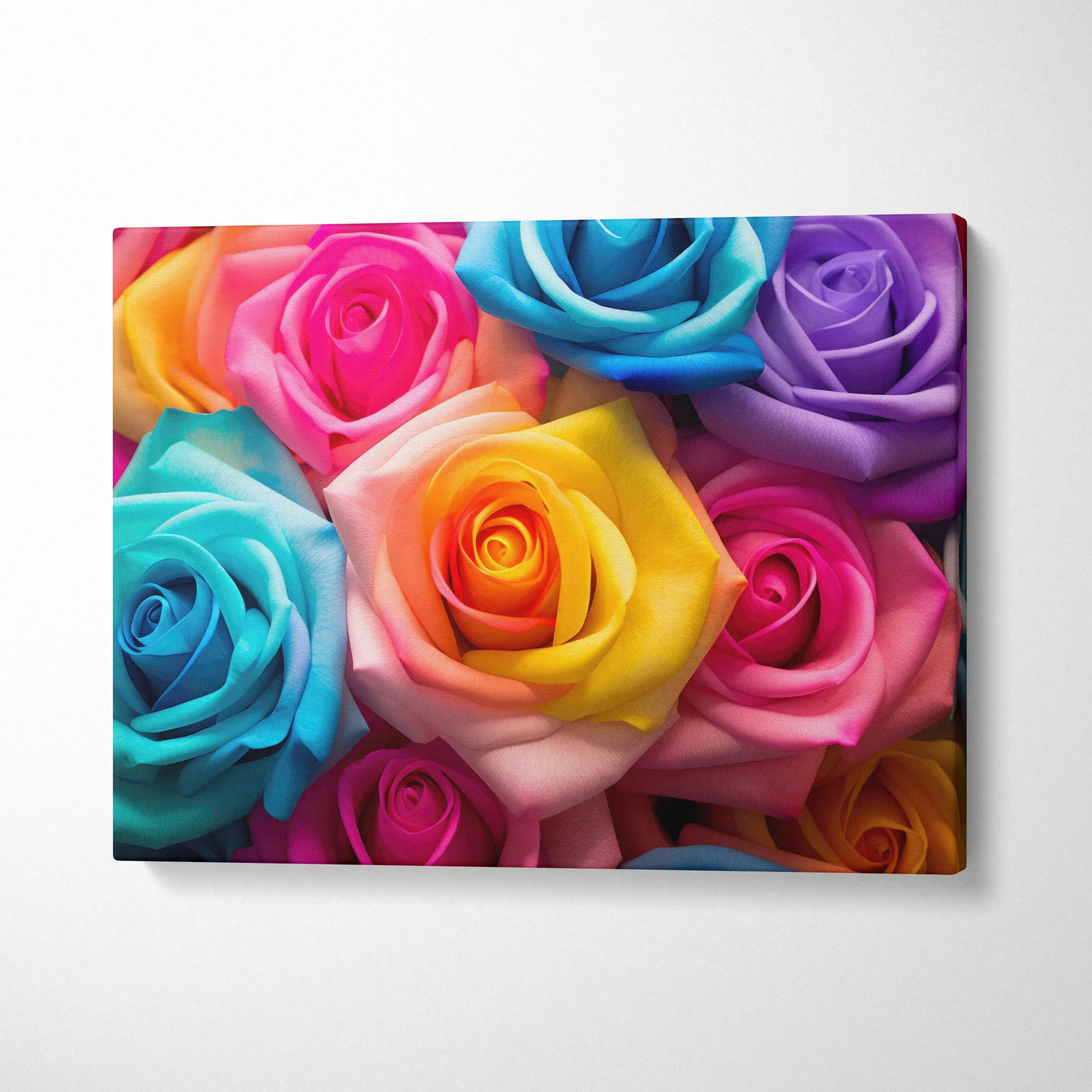 Vibrant multicolor roses floral canvas wall art with bright pink, blue, yellow, and purple blooms for home decor.