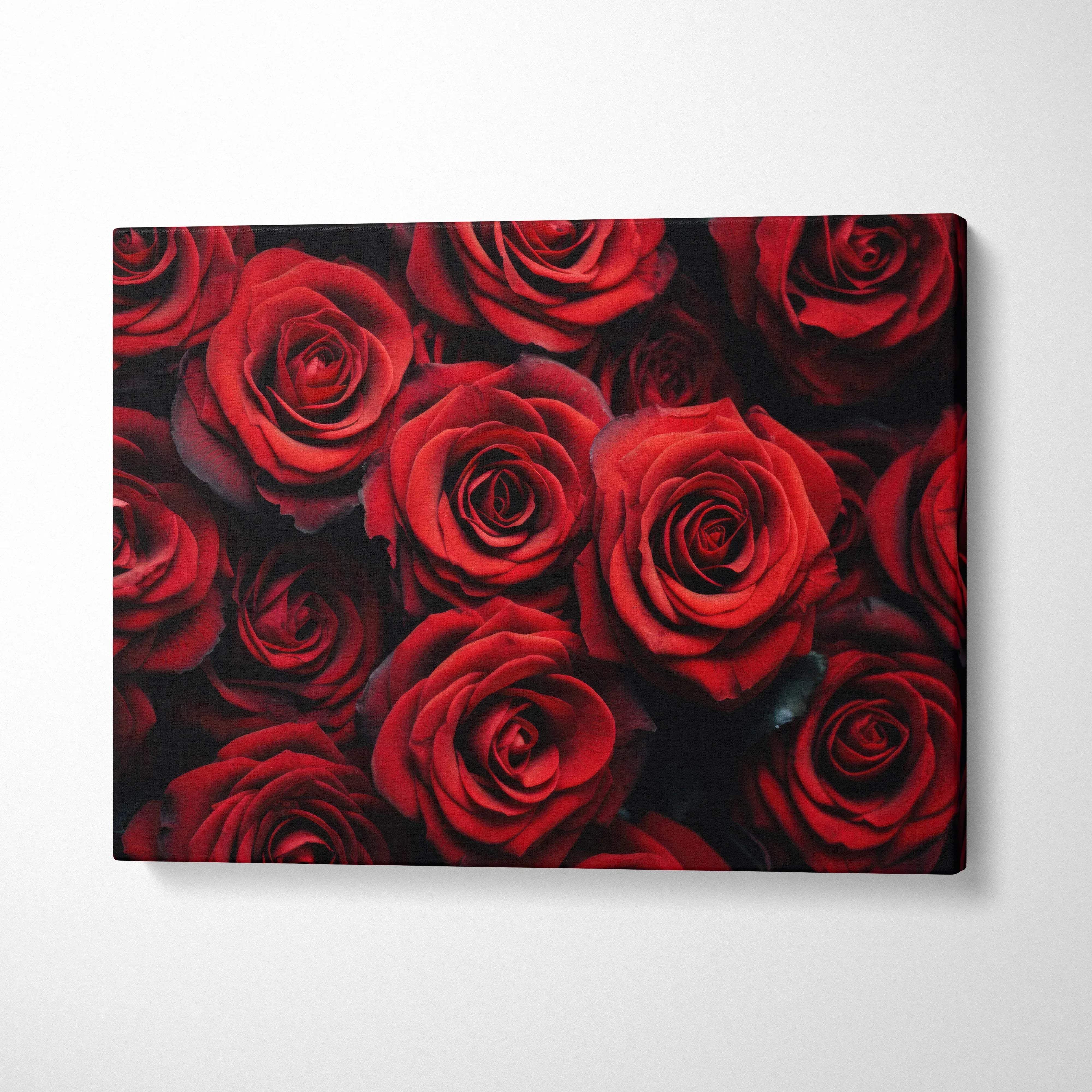 Vibrant red roses floral canvas wall art with rich color and elegant decor style.