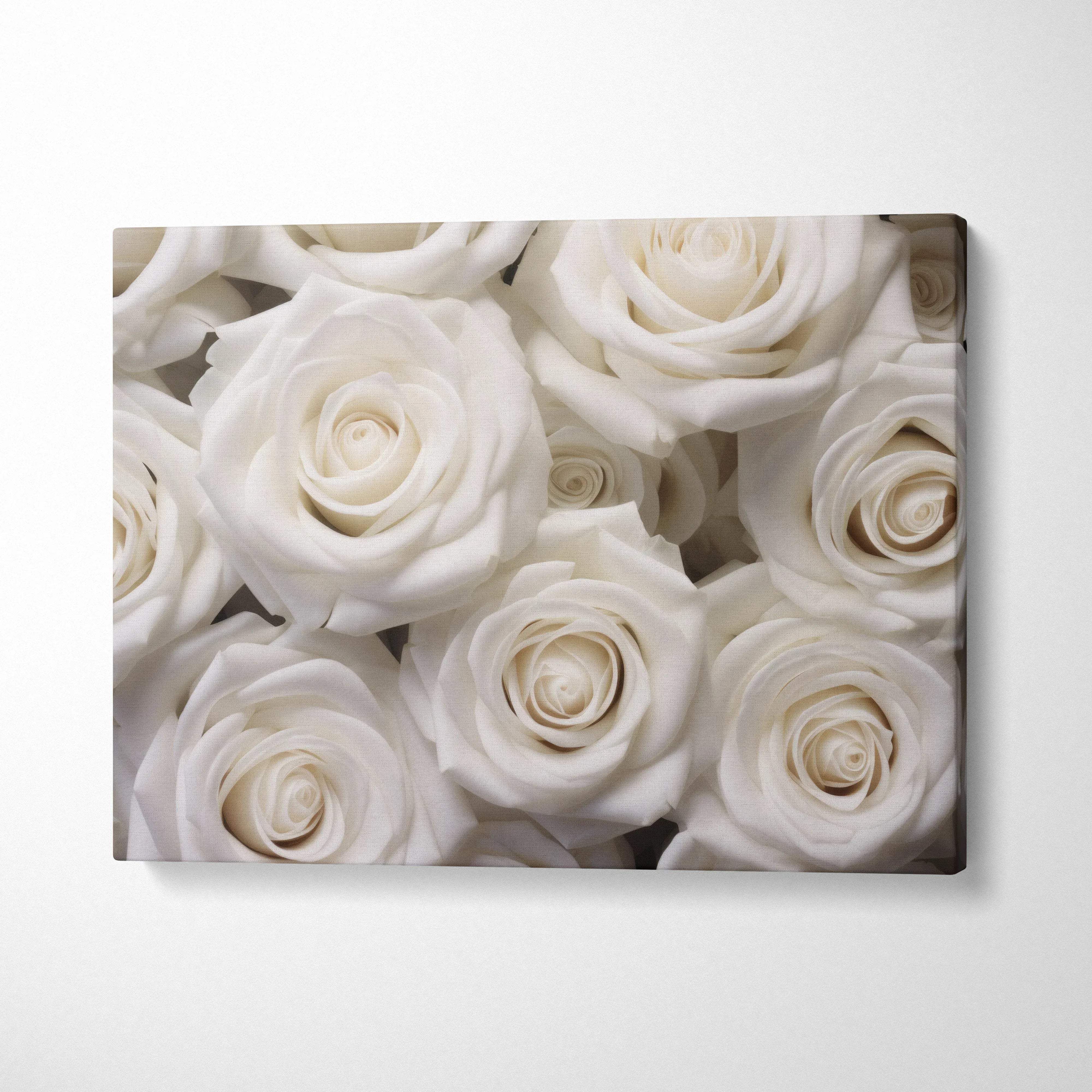 Canvas wall art featuring a close-up of elegant white roses for stylish home decor.