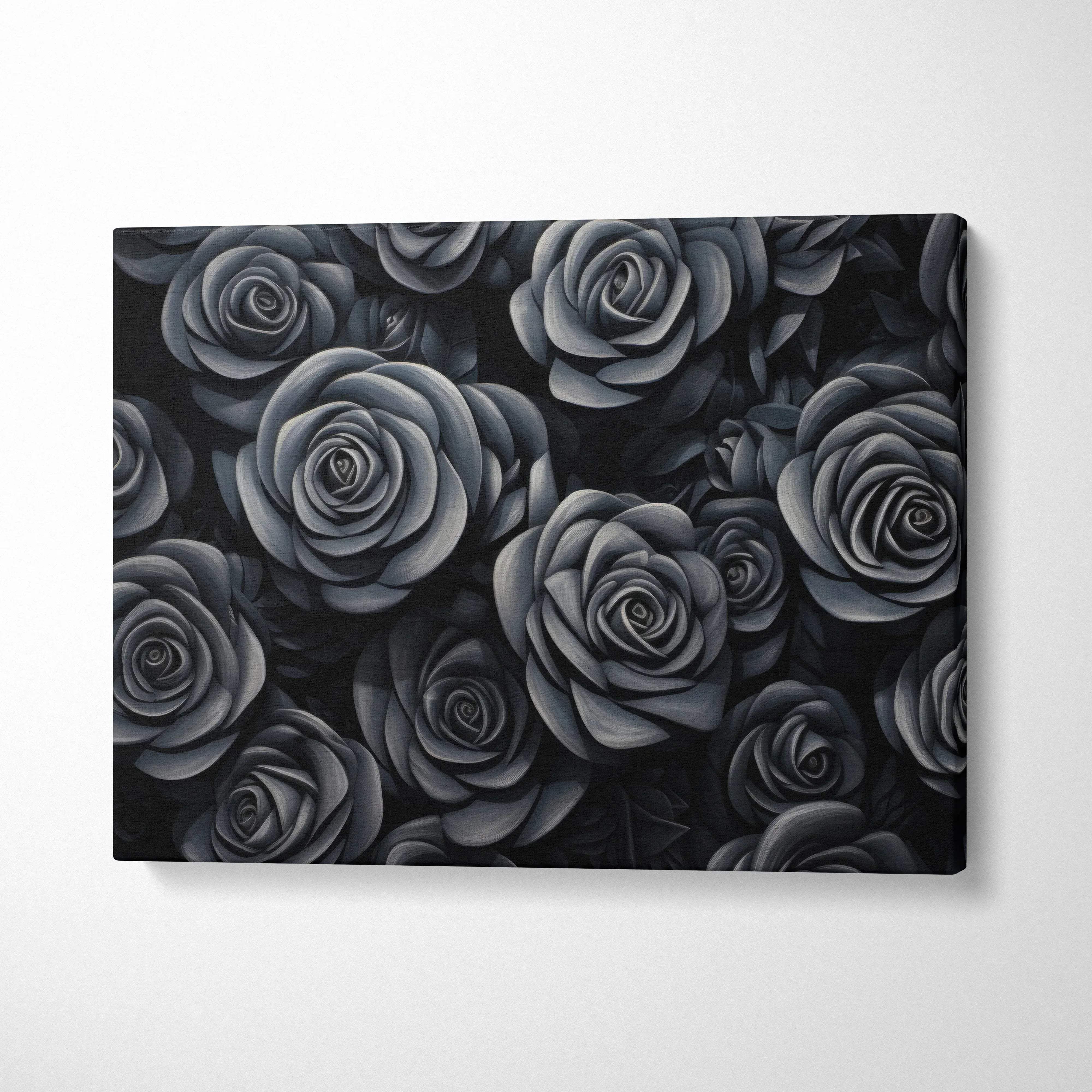 Black roses floral drawing on canvas wall art with dark, moody decor tones.