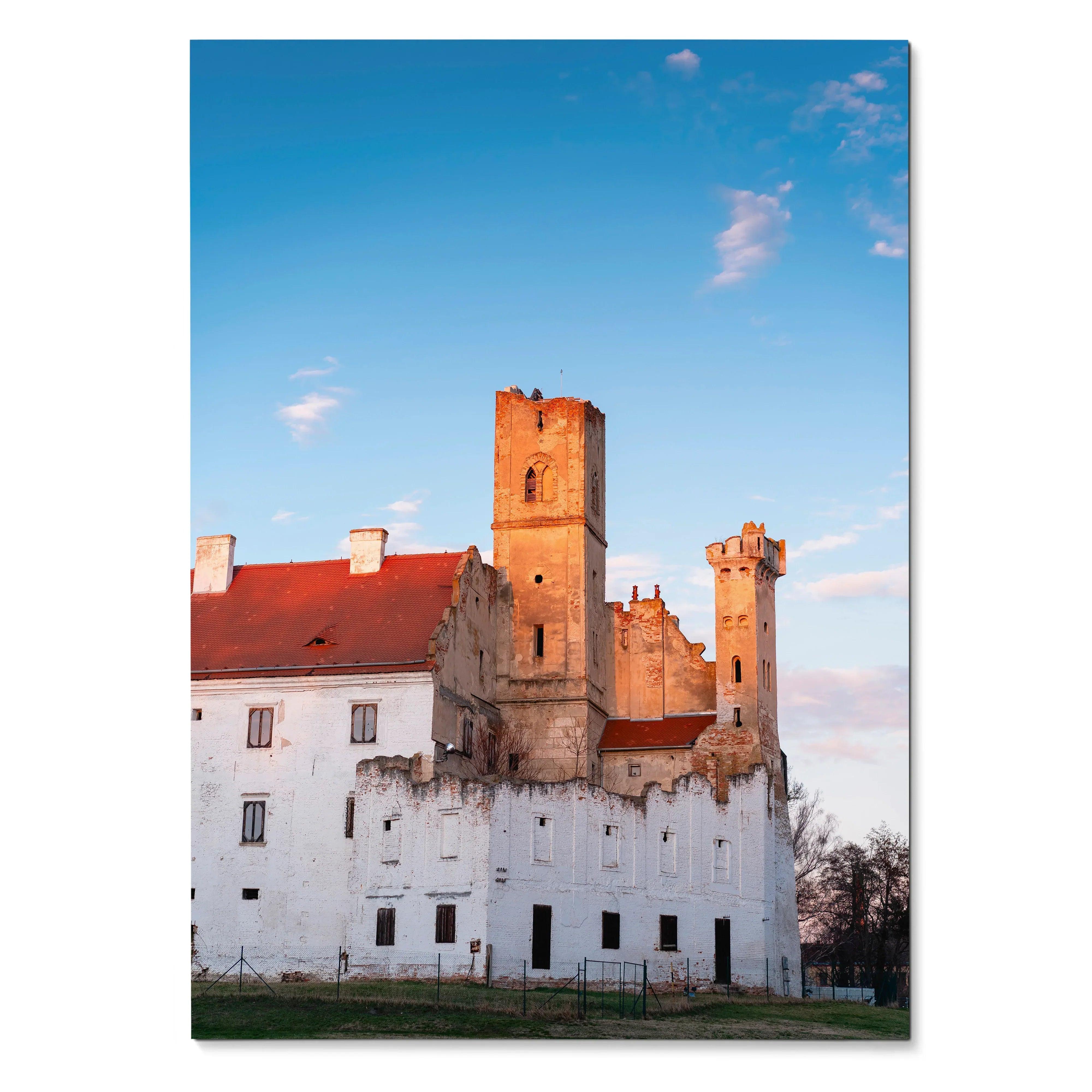 Vertical wall art poster featuring elegant historic building architecture with white walls and red-tiled roof under a clear.