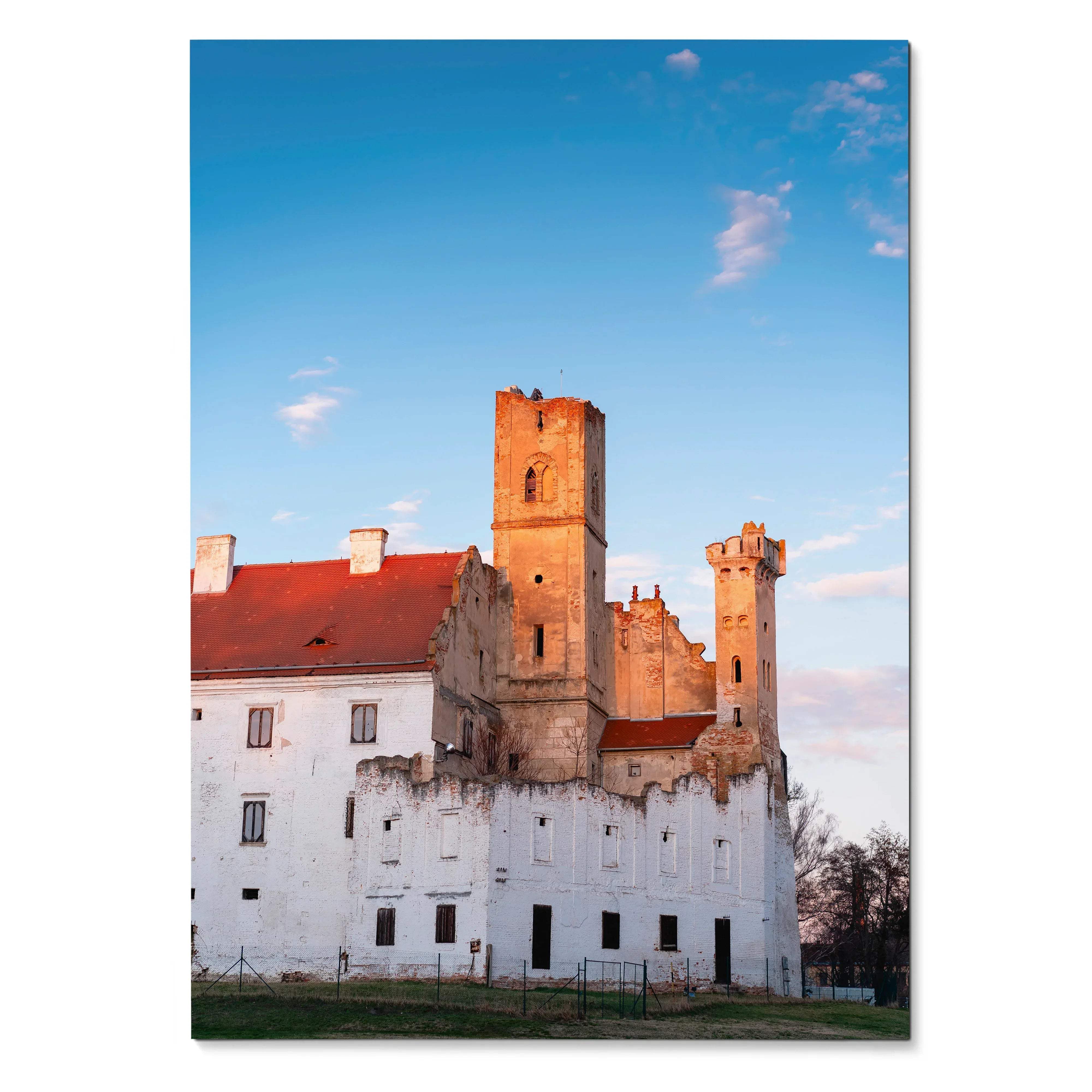 Vertical wall art poster featuring elegant historic building architecture with white walls and red-tiled roof under a clear.