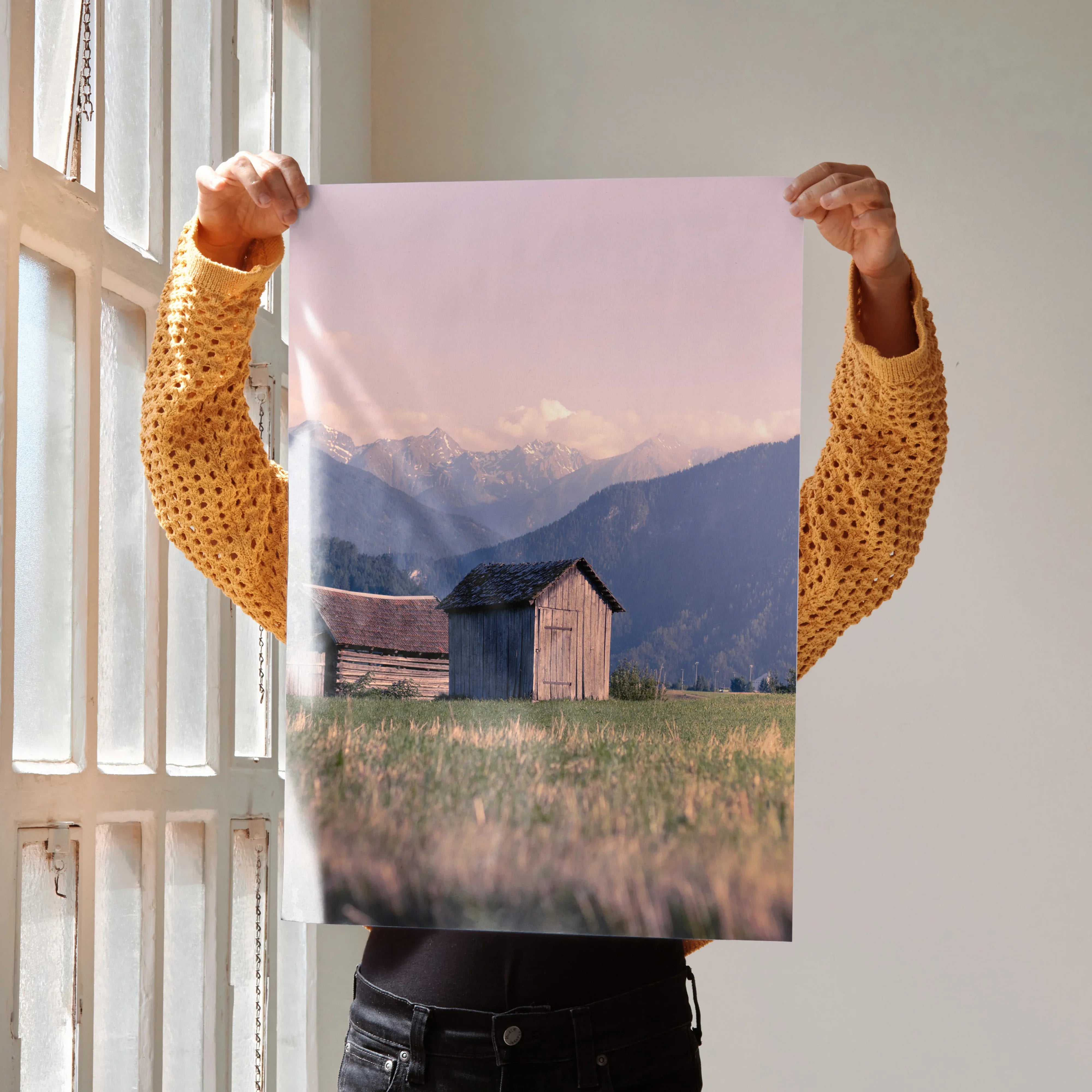 Majestic mountain nature poster with wooden cabin and lavender sky wall art print.