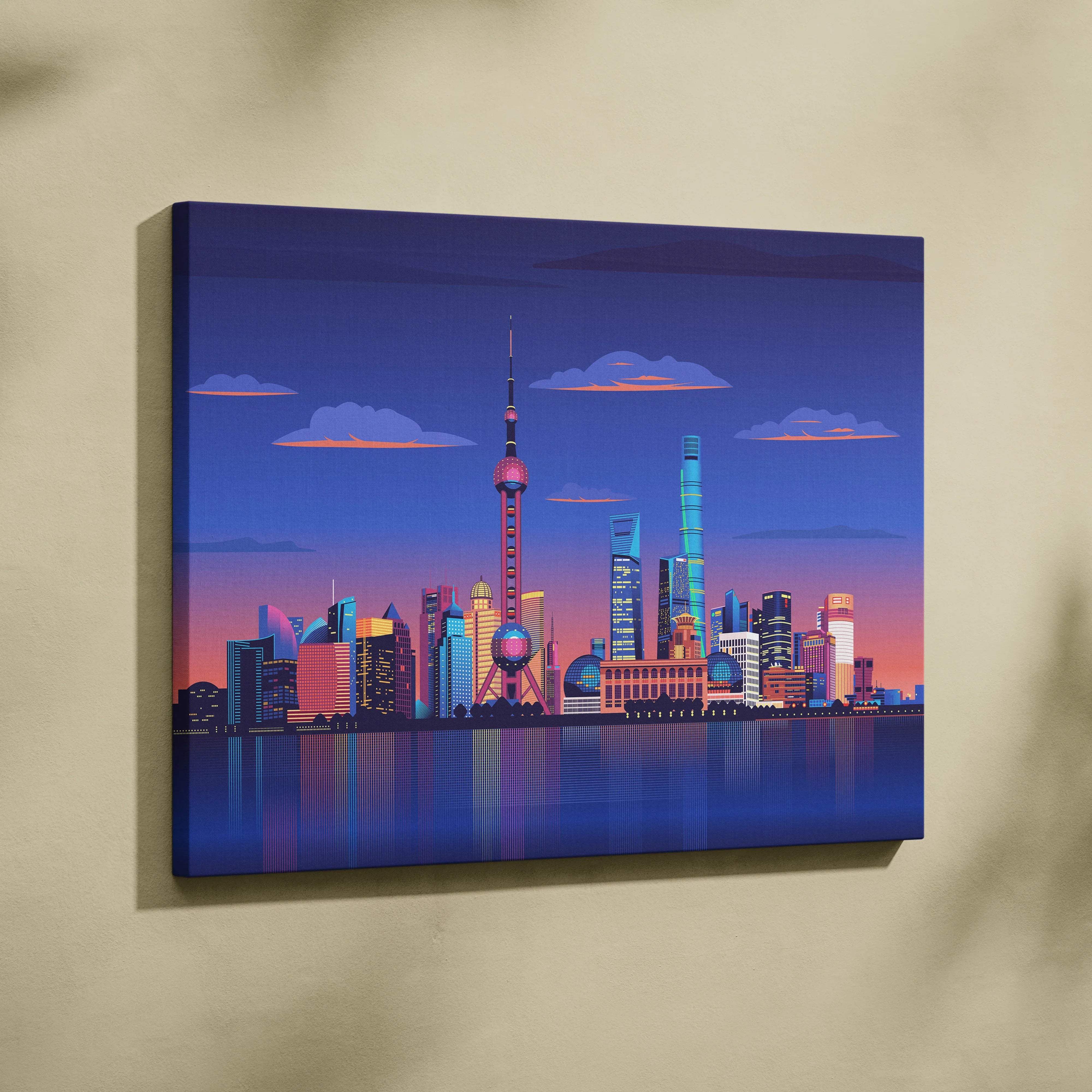 Vibrant neon Shanghai skyline canvas print with Oriental Pearl Tower at dusk