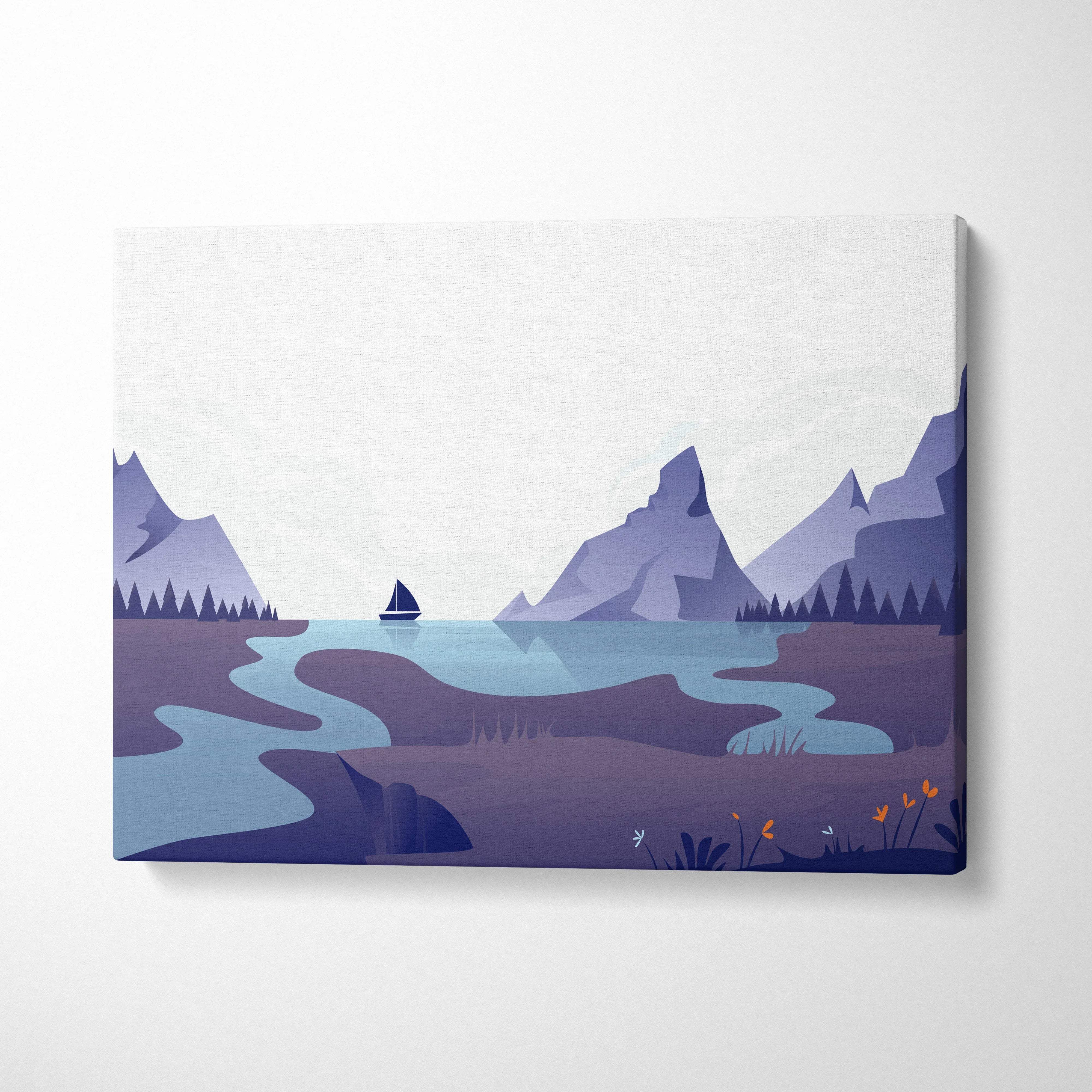 Minimalist sailboat on serene purple blue mountain lake canvas print