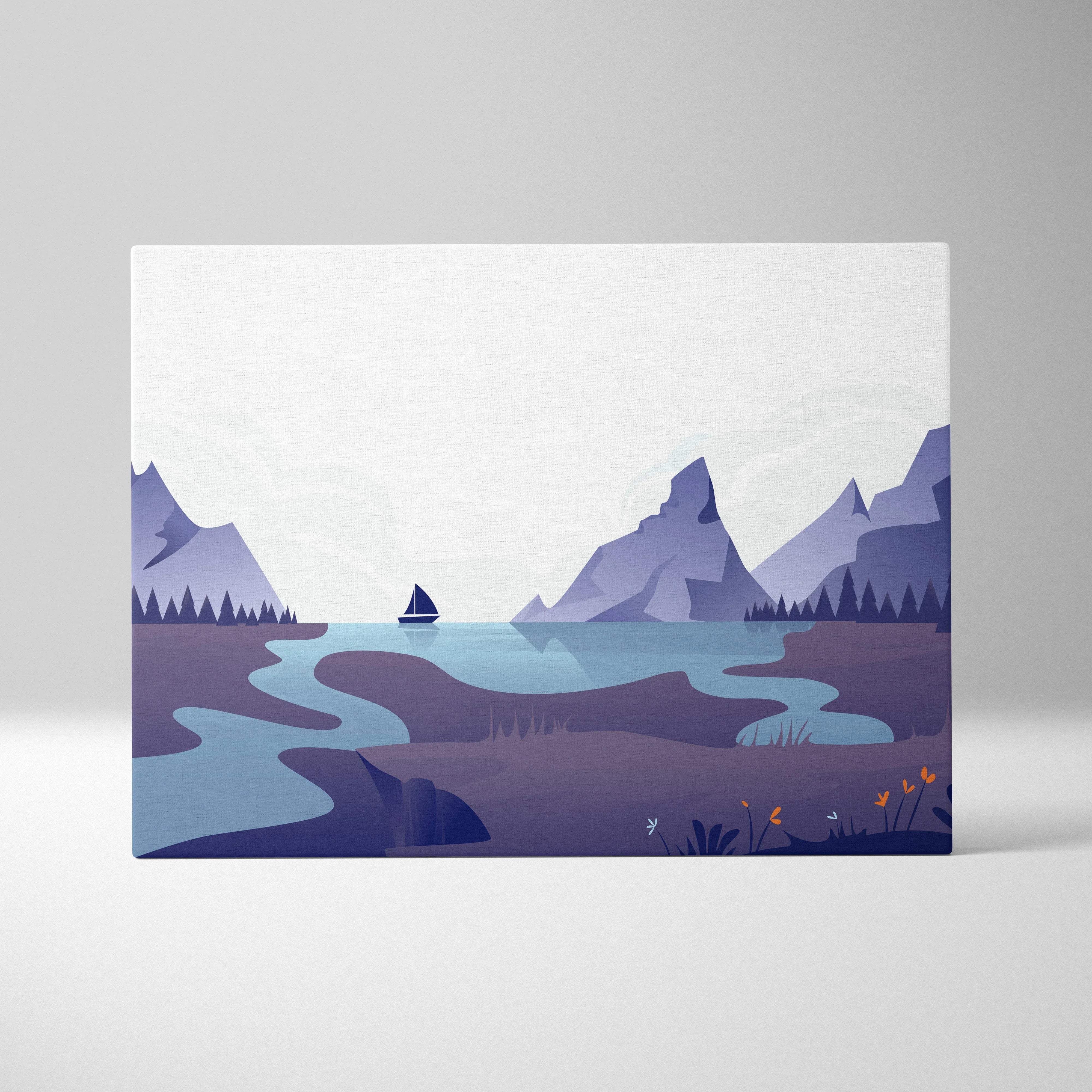 Minimalist purple blue sailboat on serene mountain lake canvas art
