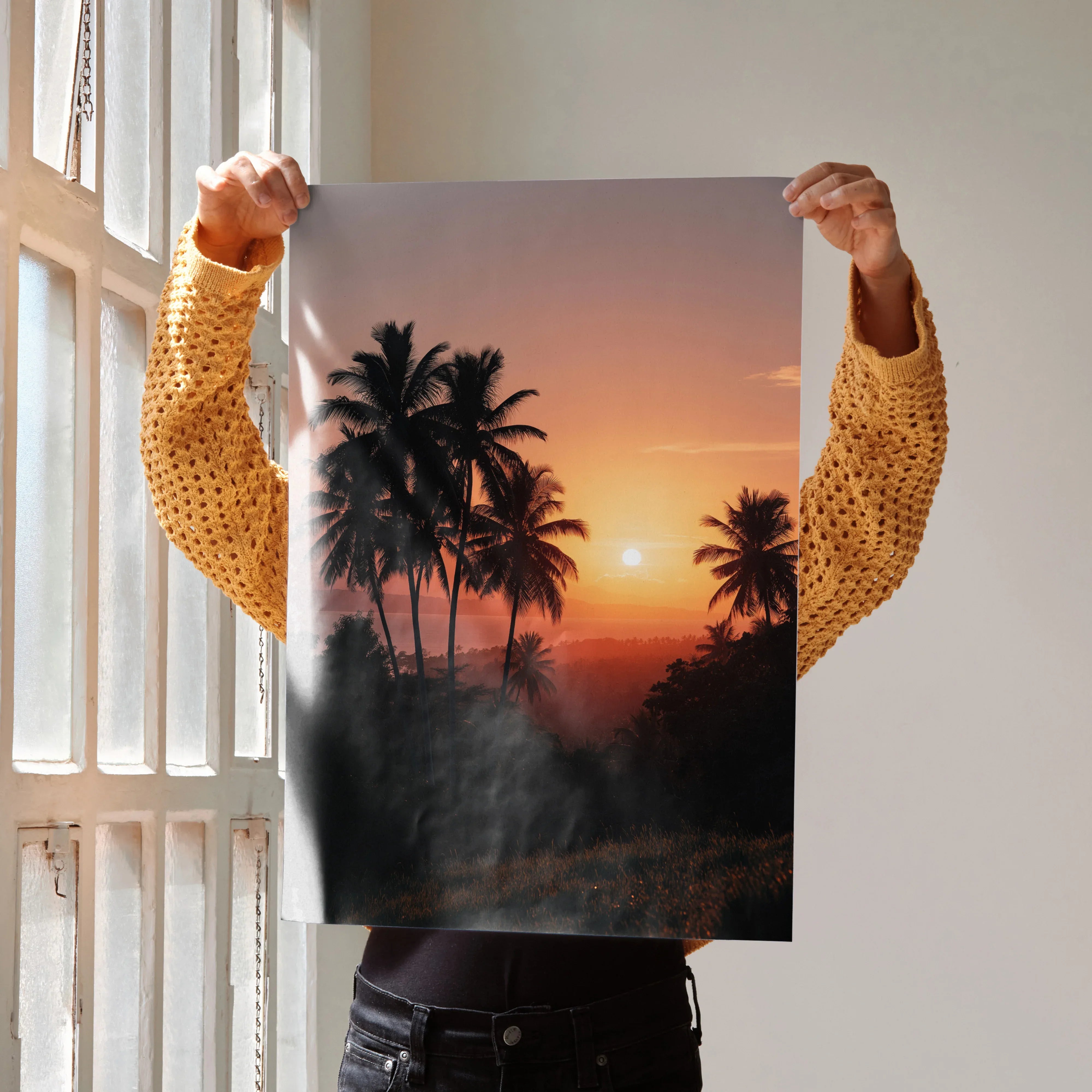 Vertical beach sunset poster with silhouetted palm trees and vibrant orange sky wall art.