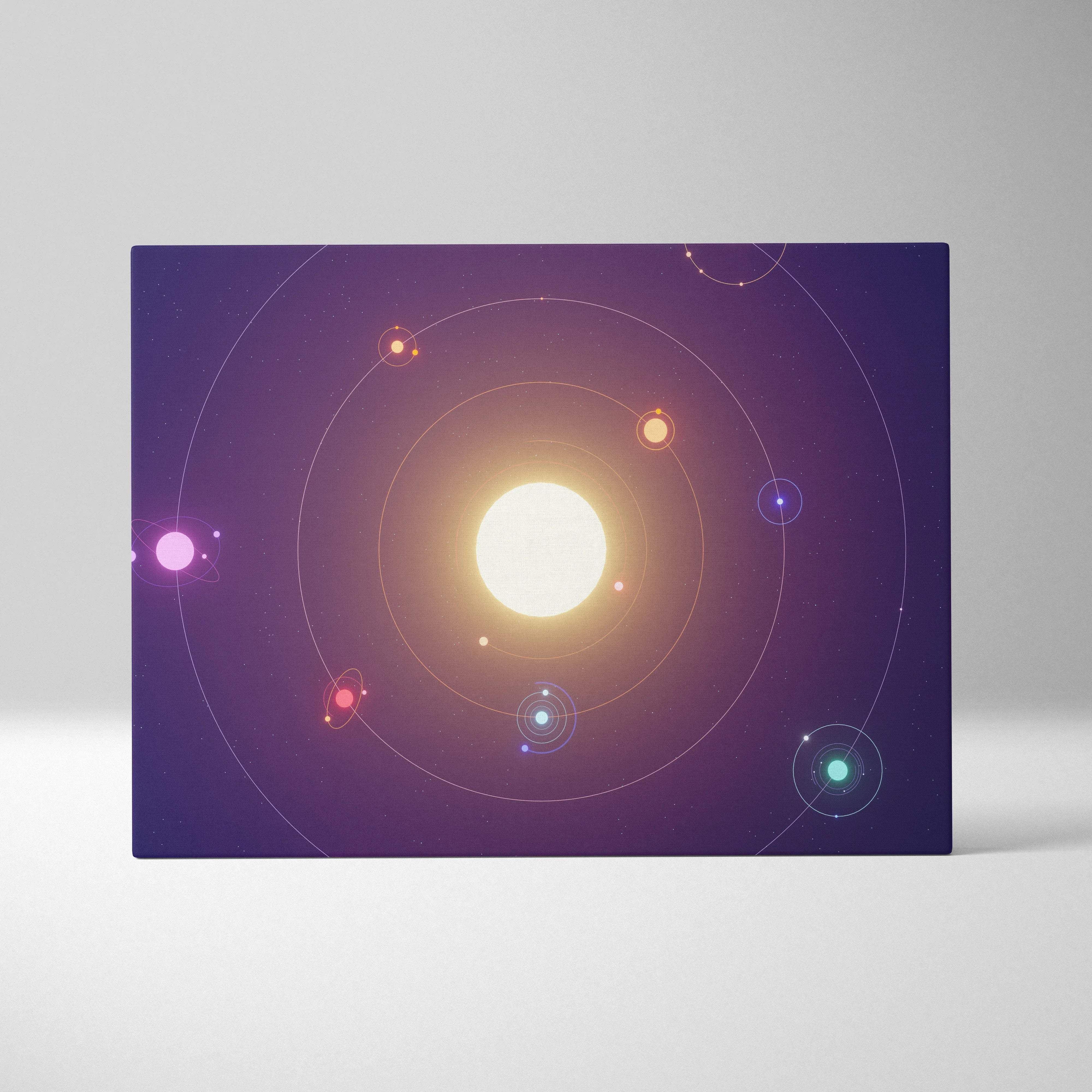 Purple minimalist solar system canvas wall art with glowing planets and neon orbits