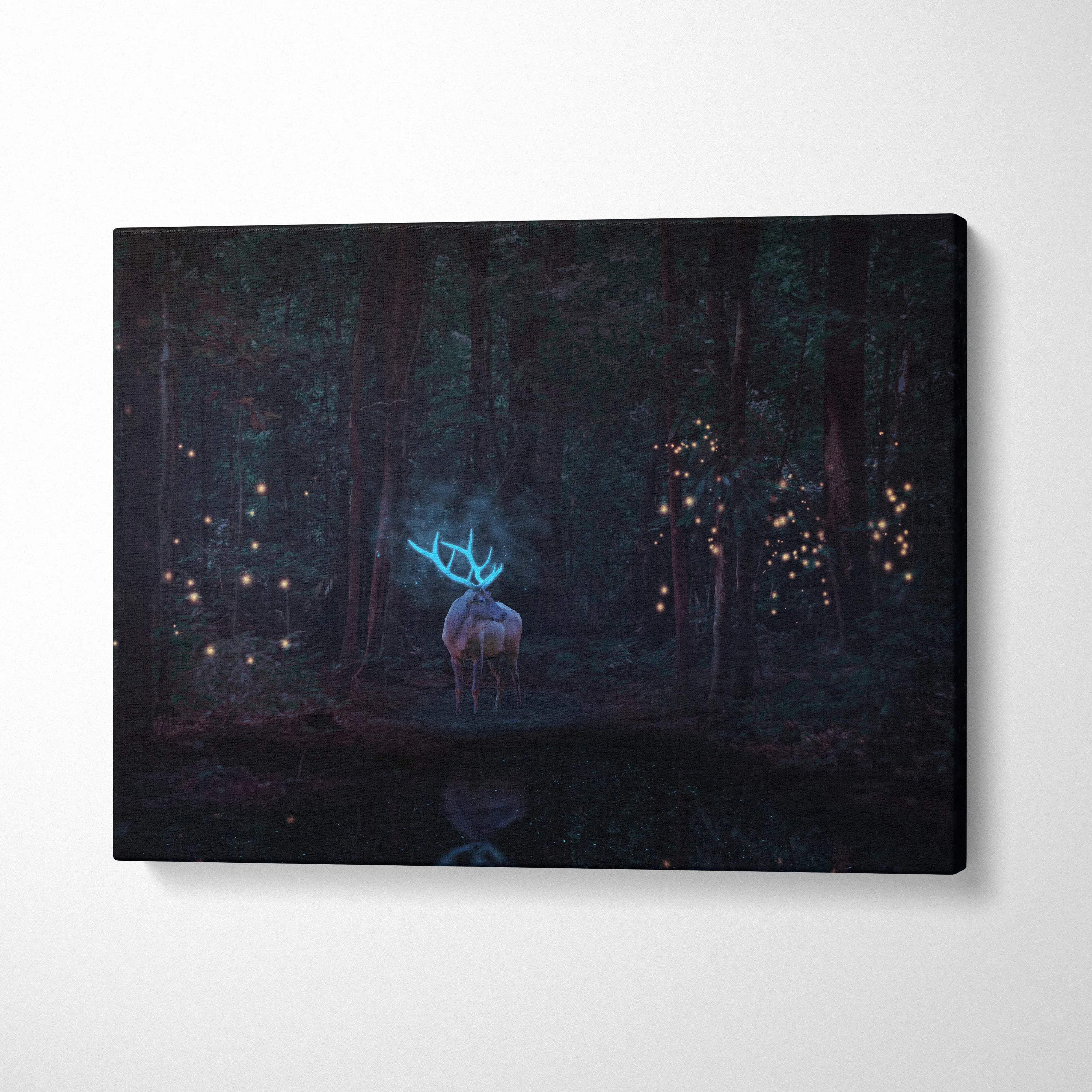Surreal fantasy stag canvas wall art with glowing blue antlers in dark forest fireflies