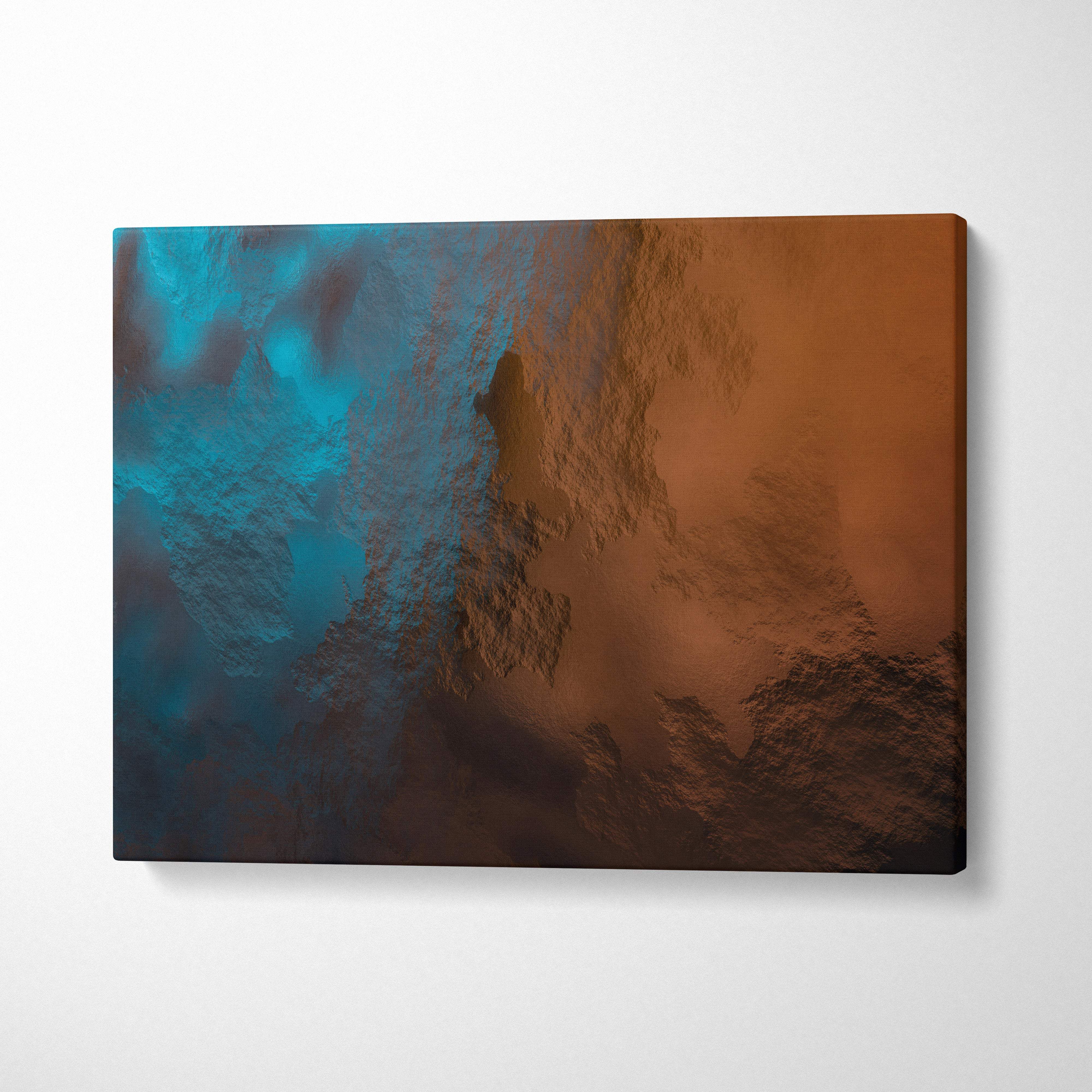 Blue orange abstract canvas wall art print with textured teal and terracotta split design for modern living room decor