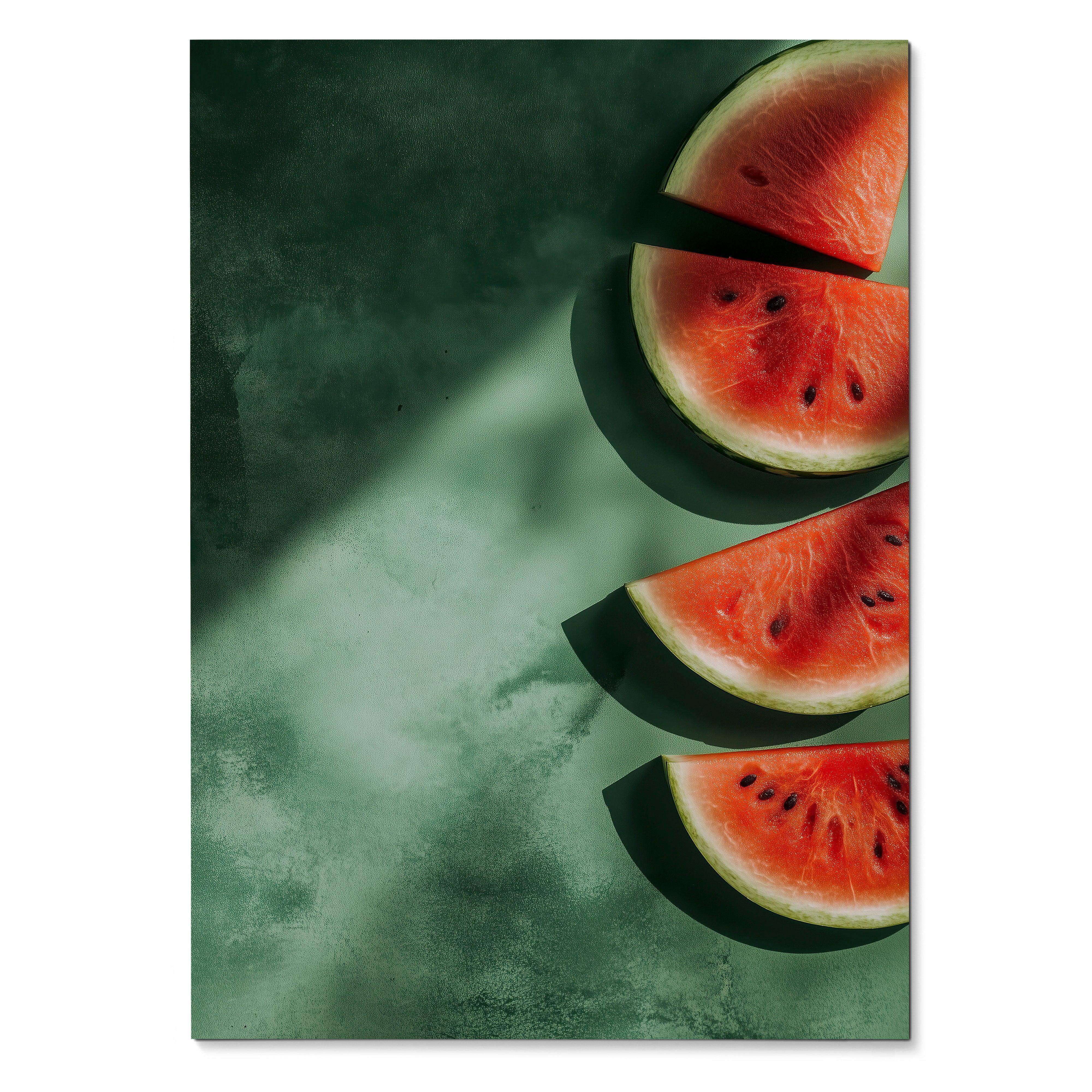 Vertical digital art poster featuring vibrant watermelon slices against a textured dark green background, bright and.